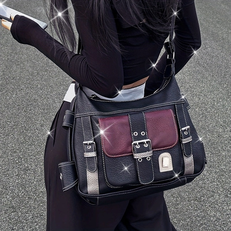 Sac tote rétro urbain pour femmes – Noir, bandoulière réglable, poches zippées