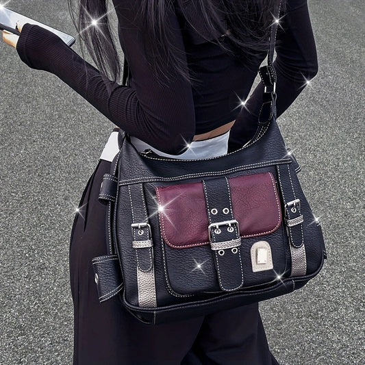 Sac tote rétro urbain pour femmes – Noir, bandoulière réglable, poches zippées