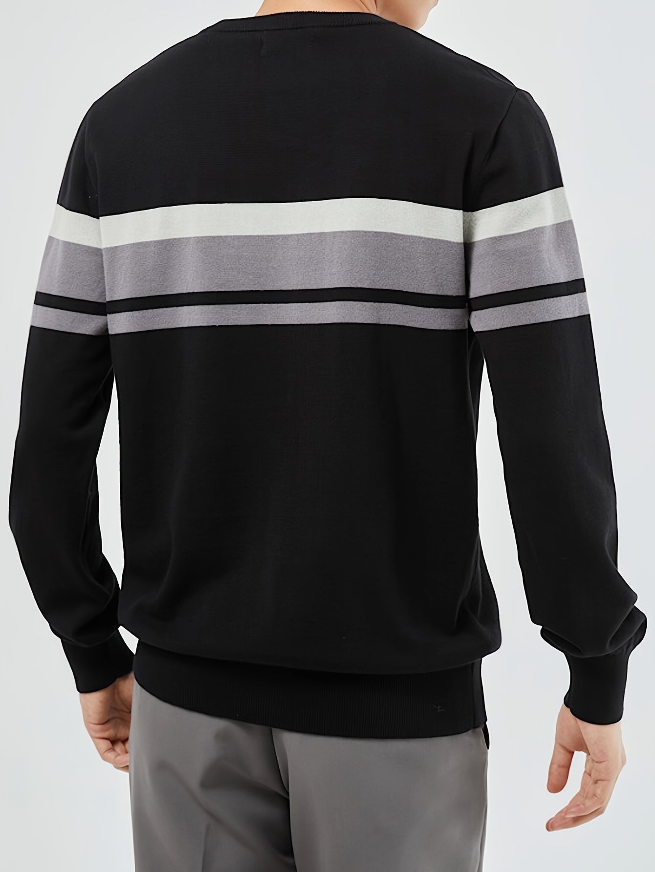 Men's Slim Fit Striped Knit Sweater - Navy Blue & Gray Horizontal Stripes, Medium Stretch Round Neck Pullover for Autumn Winter Casual Wear, Machine Washable