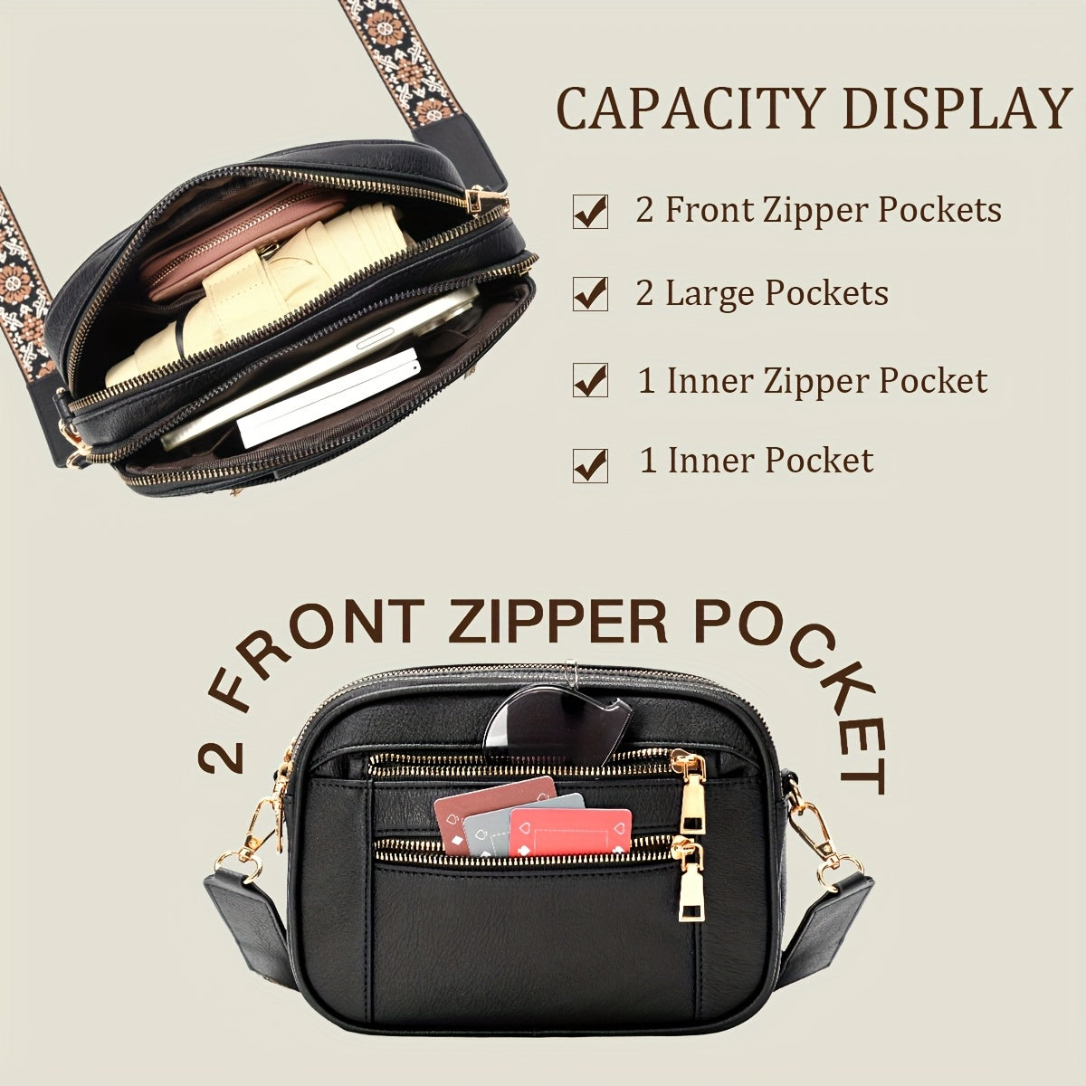 Sac bandoulière en PU grande capacité – plusieurs poches, fermeture zippée, idéal pour trajets et voyage, disponible en noir/blanc