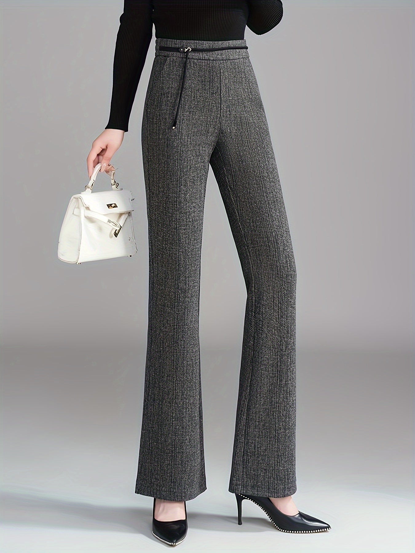 Pantalon Femme Taille Haute Évasé – Gris Côtelé, Boutons Zippés, Confortable et Polyvalent, Printemps/Automne