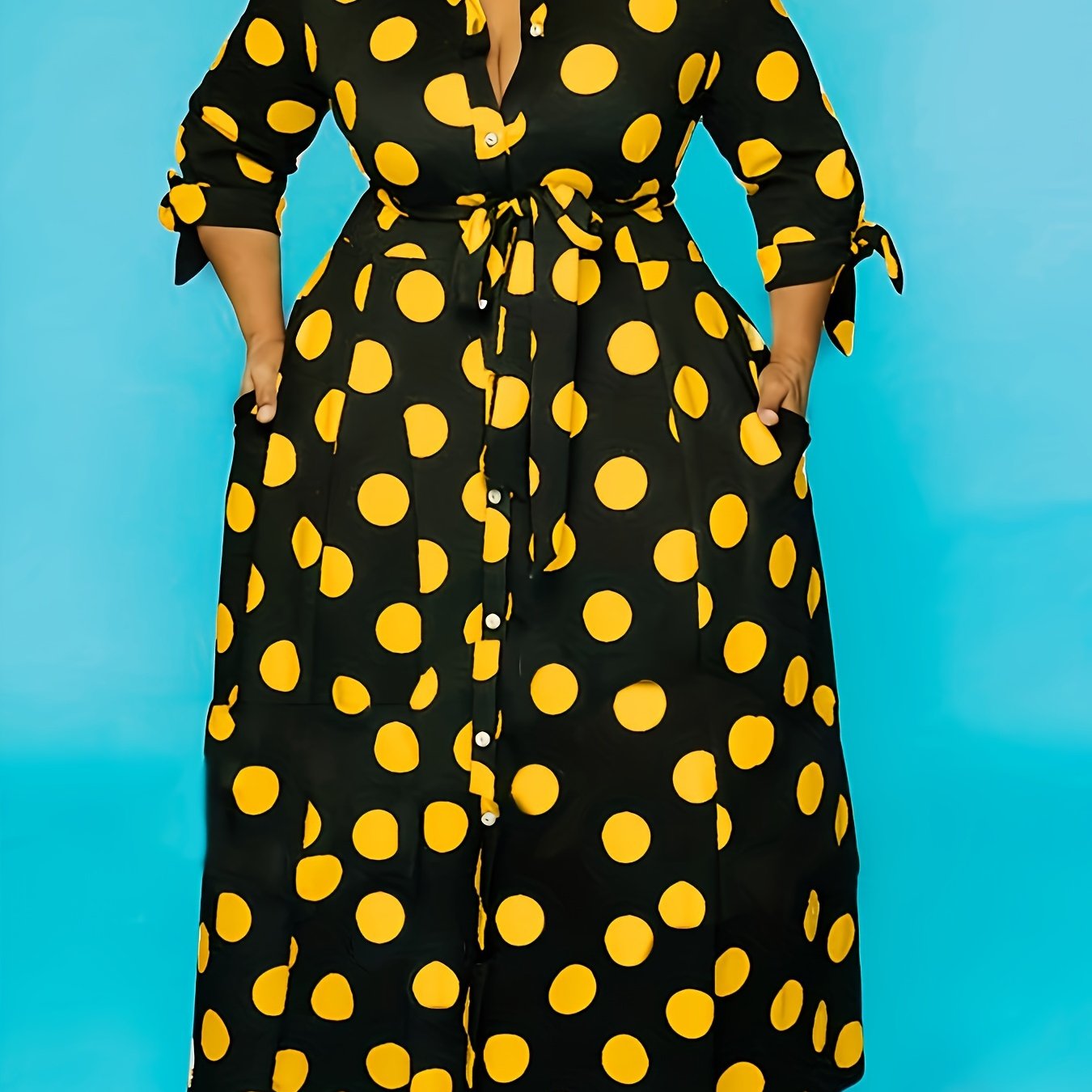 Robe Élégante Grande Taille – Femme, Maxi Robe à Pois, Boutonnée, Col avec Ceinture