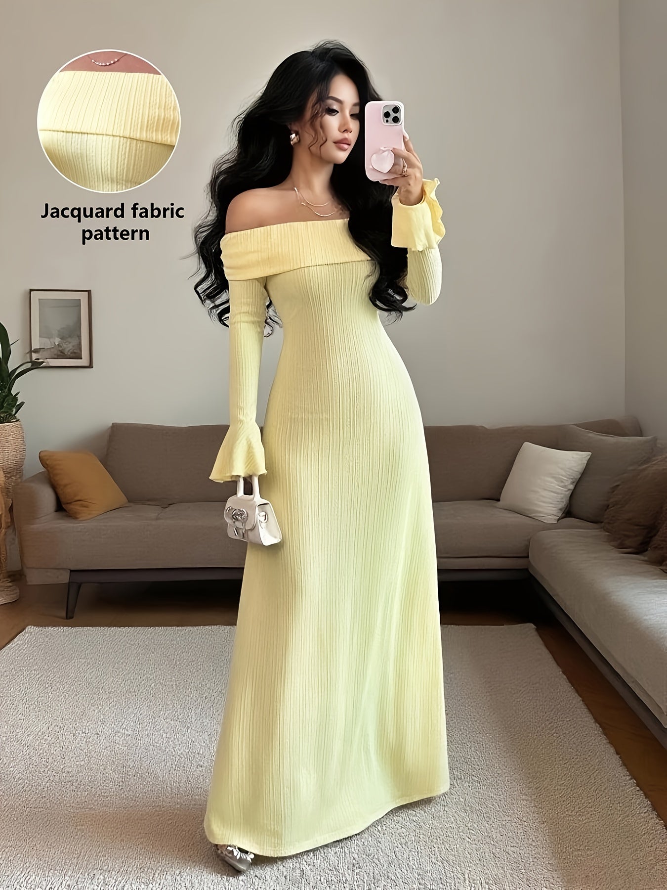 Robe Femme Élégante Épaules Dénudées / Une Épaule Manches Longues — Couleur Jaune Moutarde, Tenue Chic Formelle et Décontractée, Parfaite pour Soirées et Mariages Automne/Hiver