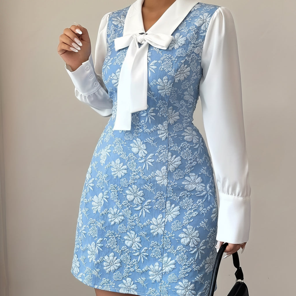 Robe longue élégante à manches longues et taille nouée, patchwork jacquard, collection printemps