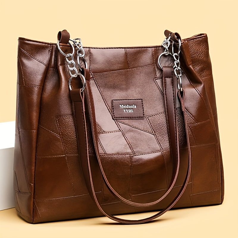 Sac Cabas Femme Élégant – Grande Capacité, Cuir Synthétique Léger, Sac à Main avec Bandoulière Fixe et Fermeture Éclair, Cuir Synthétique à Motif Quadrillé, Idéal pour Travail, Voyage et Déplacements Quotidiens