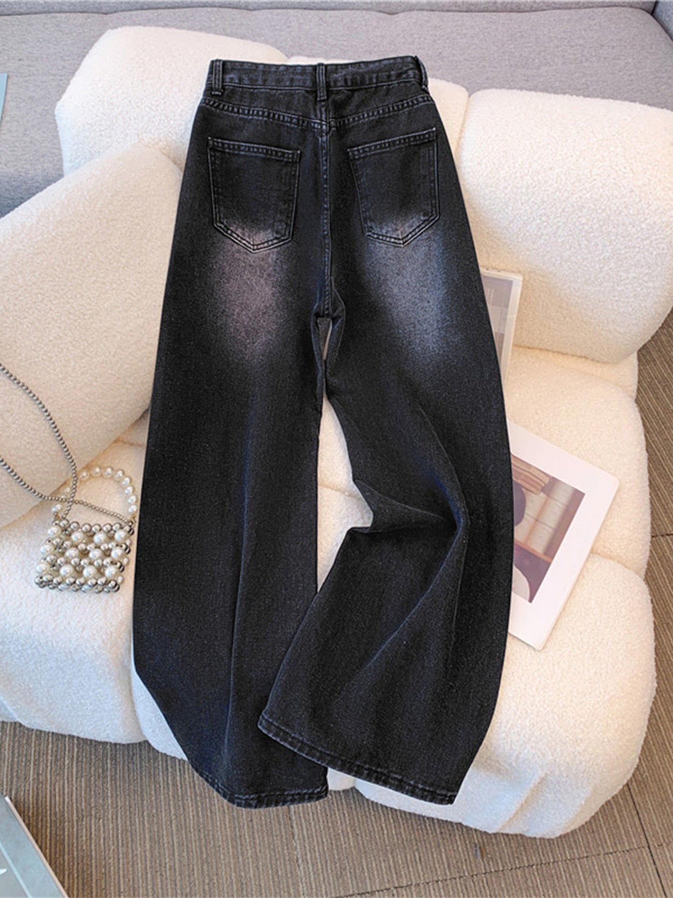Pantalon Femme Denim Boutons et Zippé Coupe Classique Ample Taille Haute Printemps/Été Décontracté Extérieur