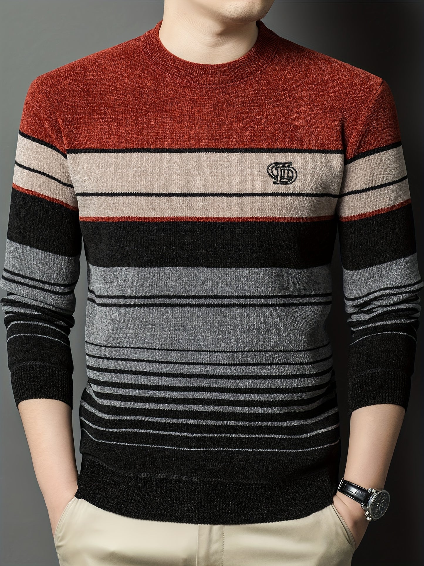 Men's Winter Thermal Fleece-Lined Striped Sweater - Thickened Warm Pullover with Embroidered Logo, Casual Round Neck Long Sleeve Knit Top, Machine Washable (Black/Brown/Beige), Cold Weather Apparel, Ribbed Texture, Comfortabl