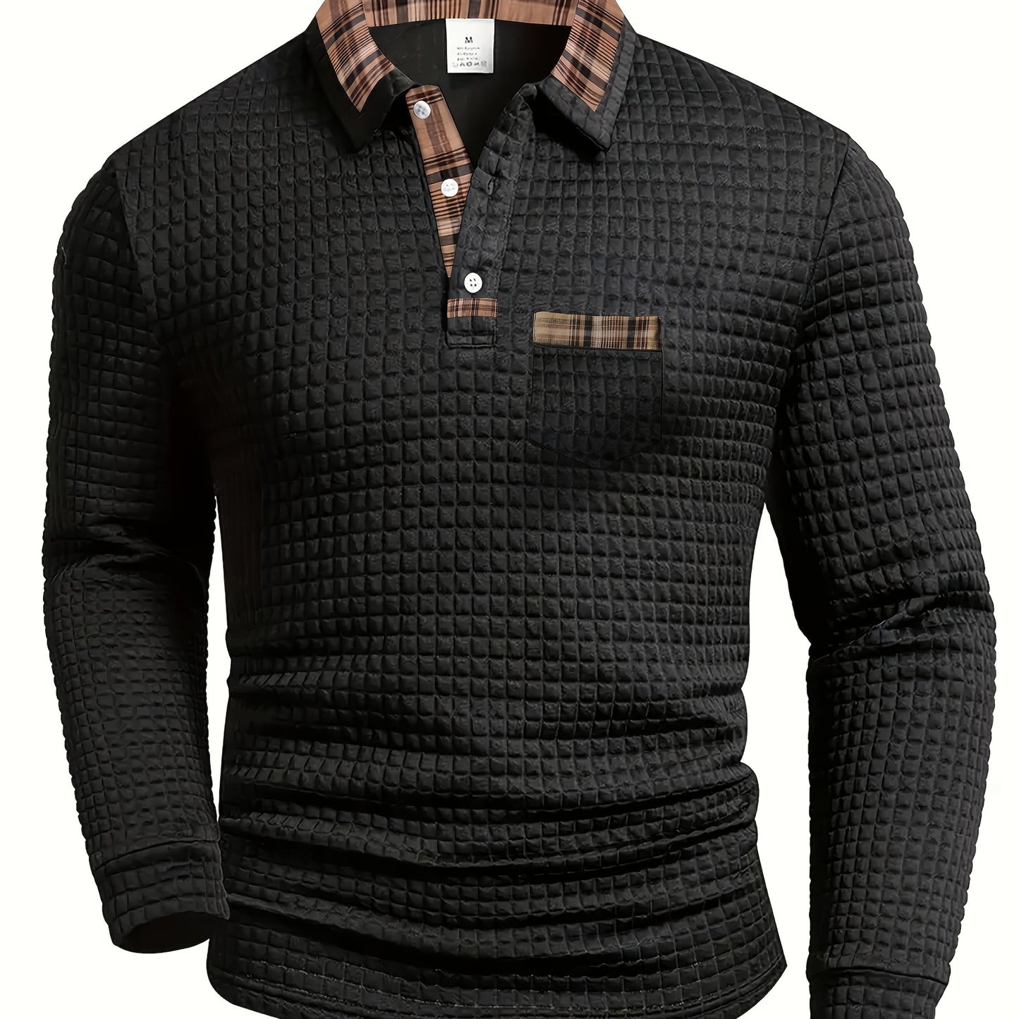 Men'S Casual Warm Long Sleeve Polo Shirt - Gray with Brown & White Plaid Collar, Button-Up Front, Textured Waffle Weave, Perfect for Fall, Casual Wear|Plaid Pattern Shirt|Buttonup Collar Shirt