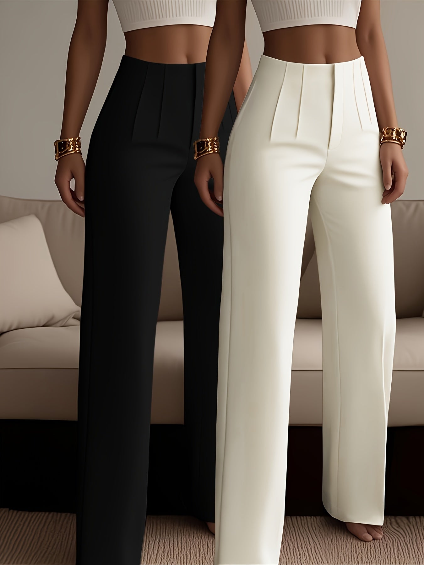 Lot de 2 Pantalons Femme Élégants – Taille Haute, Jambe Droite avec Fermeture Zippée, Tous Saisons