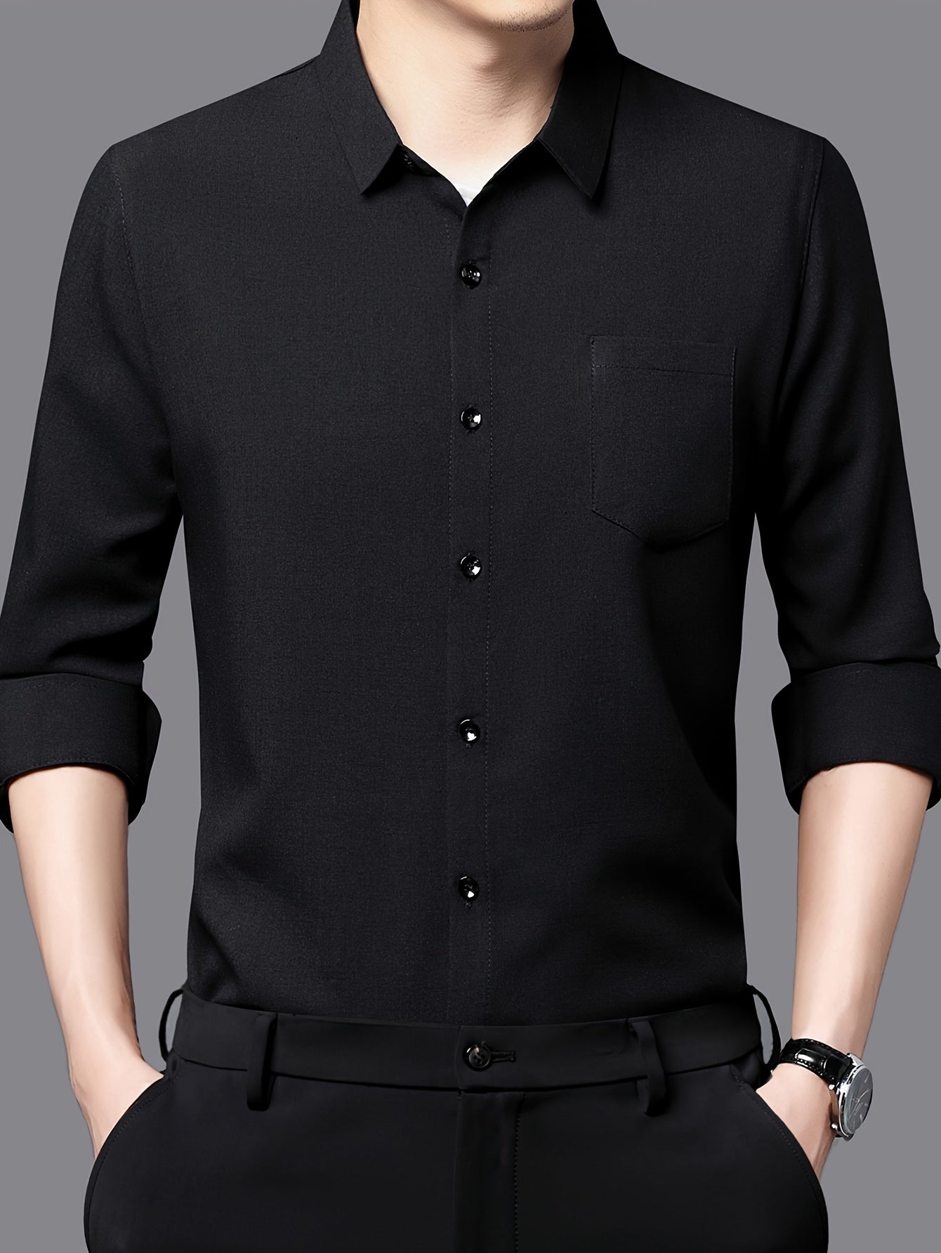 Men's Breathable Long Sleeve Shirt - Black, Button-Up Collar Design with Chest Pocket, Lightweight & Moisture-Wicking Fabric for Casual Wear, Perfect for Spring & Summer, Breathable Apparel | Classic Buttonup Shirt | Nonstret