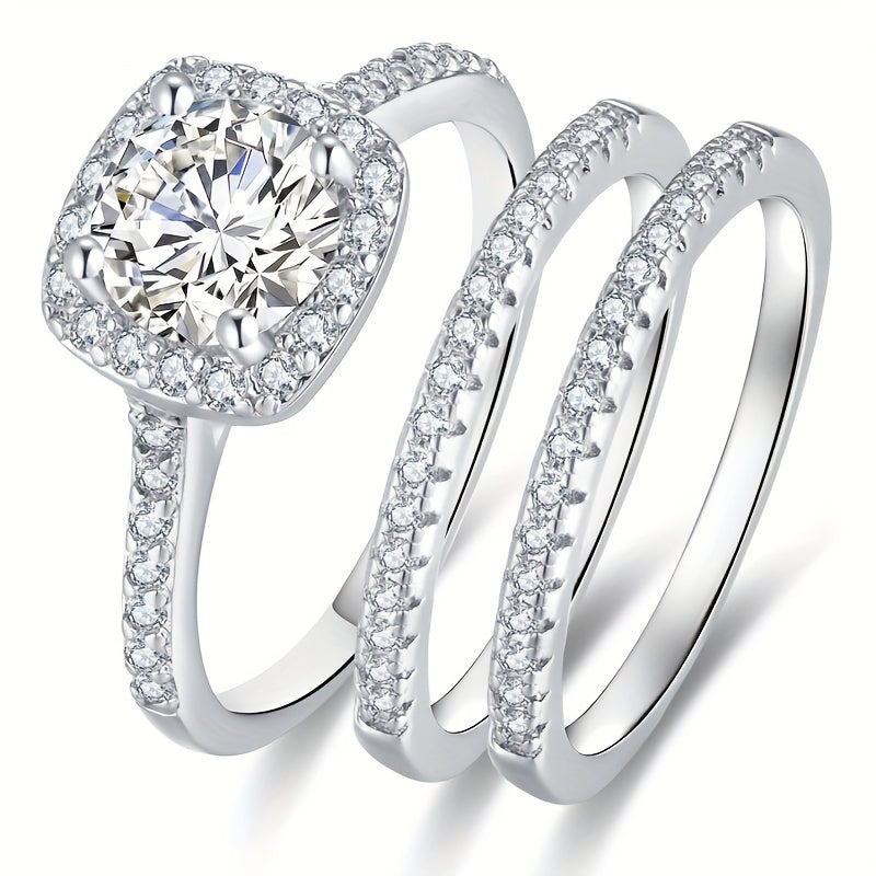 Set Of 3 Pieces Of Women's Princess Square Wedding Ring Set White Zirconia Fairy Engagement Ring Women's Party Bride Jewelry