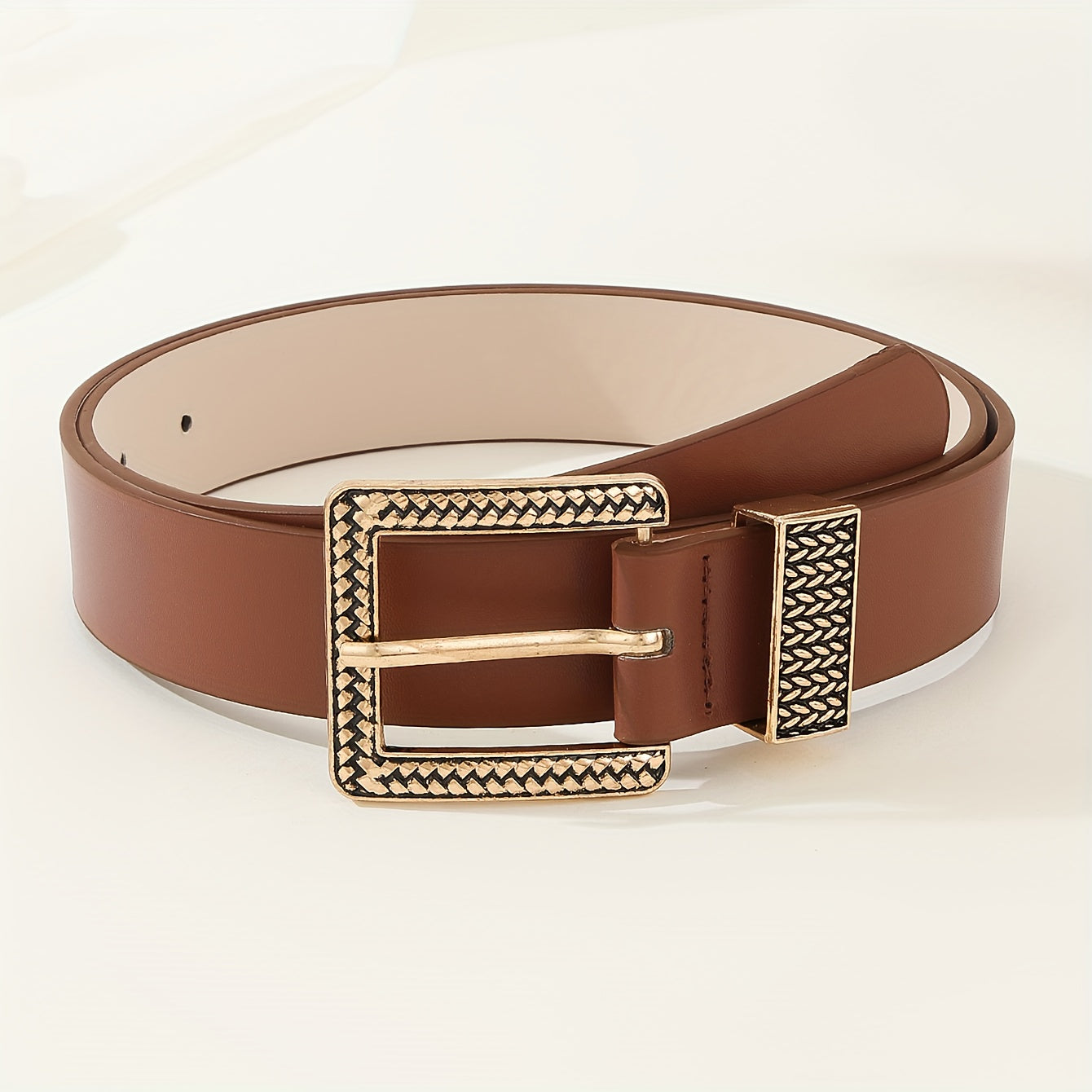 1 pc ceinture pour femmes – Boucle rétro dorée, ceinture en PU faite main, style luxe léger avec motif géométrique, polyvalente pour robes, jeans, tenues décontractées et formelles