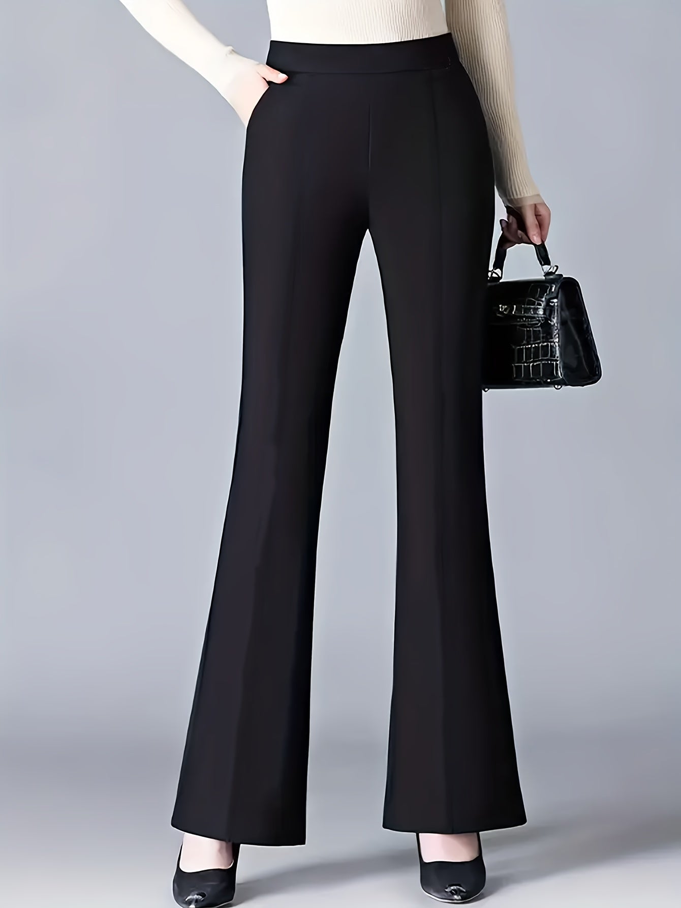 Jeans Femme Évasé – Taille Haute, Jambe Effilée, Noir, Décontracté, Automne, Extensible et Lavable