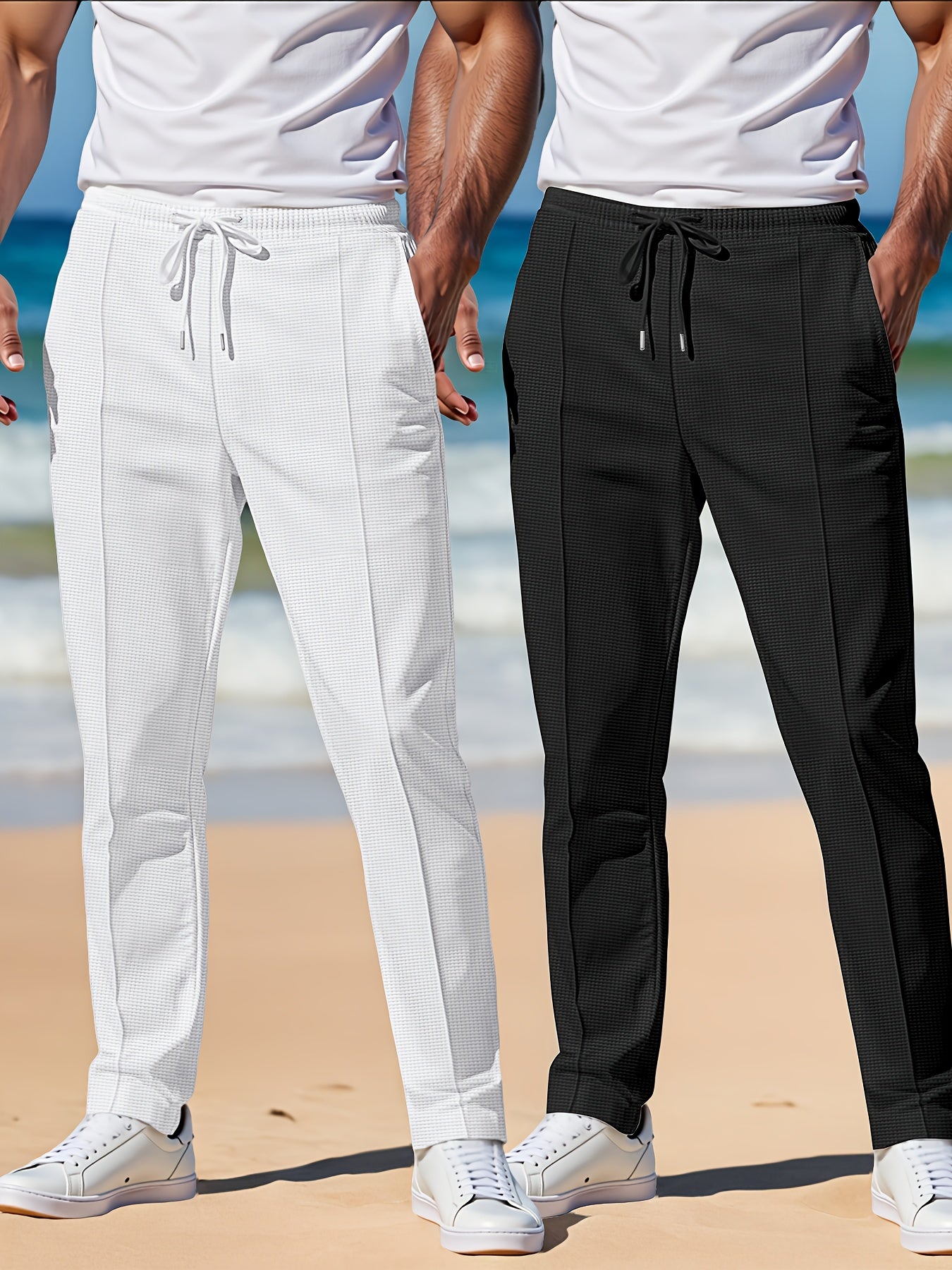 Joggers en tricot gaufré pour homme (2 pièces) – taille élastique avec cordon, pantalons légers et respirants, gris et bleu marine, idéals plage, running, extérieur et usage quotidien