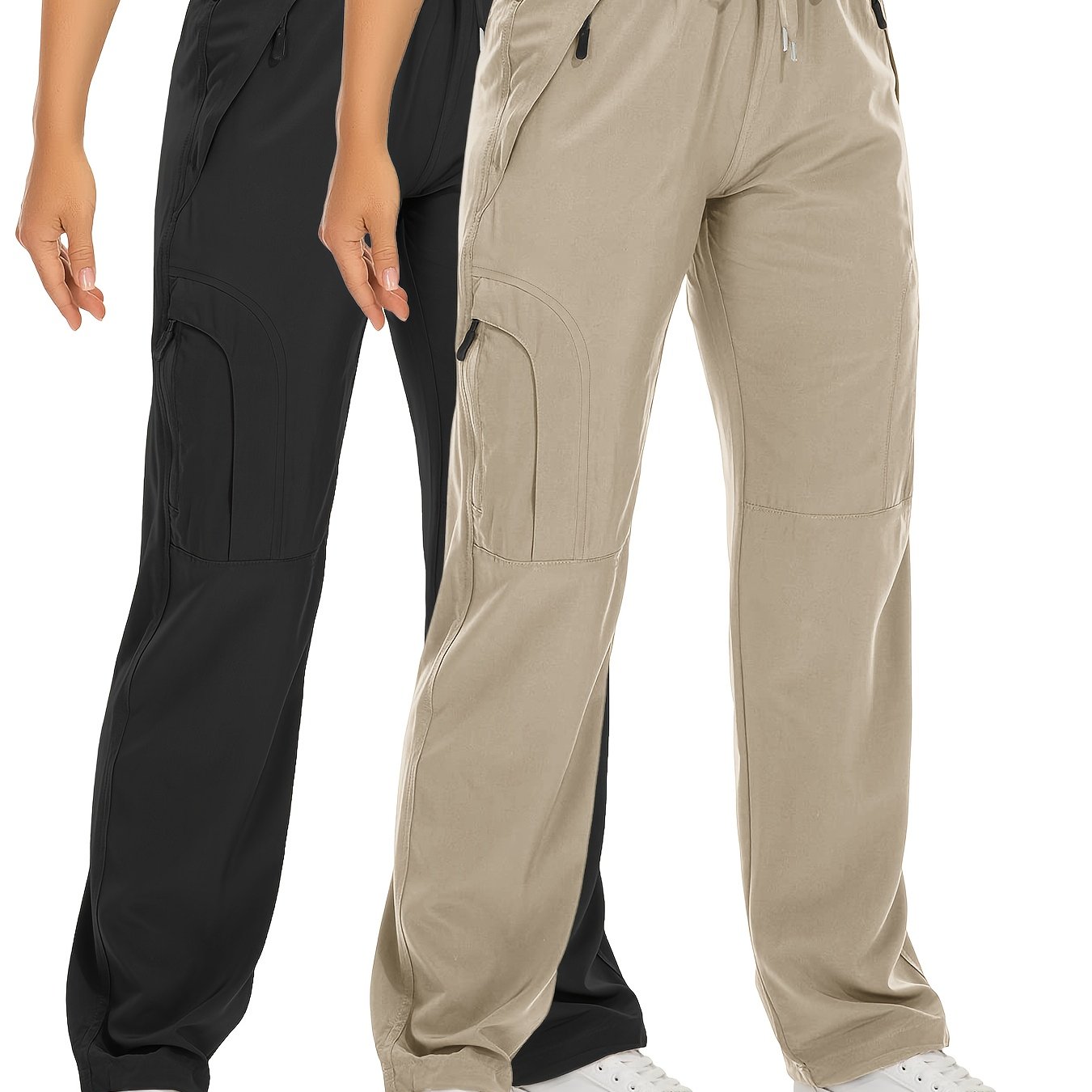 Lot de 2 Pantalons Cargo Femme – Poches Zippées, Tissu Respirant et Séchant Rapidement, Extensible, Automne, Noir et Blanc