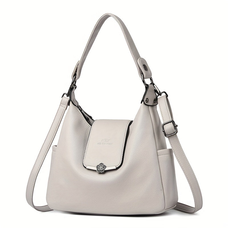 Sac à main européen/américain élégant pour femmes – couleur unie, bandoulière amovible, fermeture zippée, doublure polyester, détails peints, disponible en bordeaux et gris clair