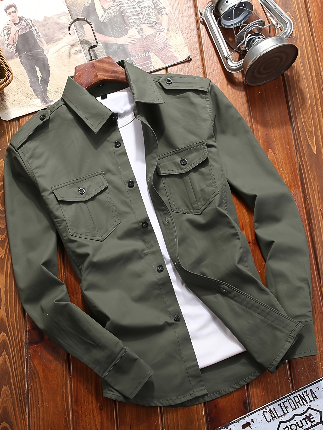New Casual Men's Business Gentleman Square Collar Long Sleeve Multi-Pocket Army Green Shirt