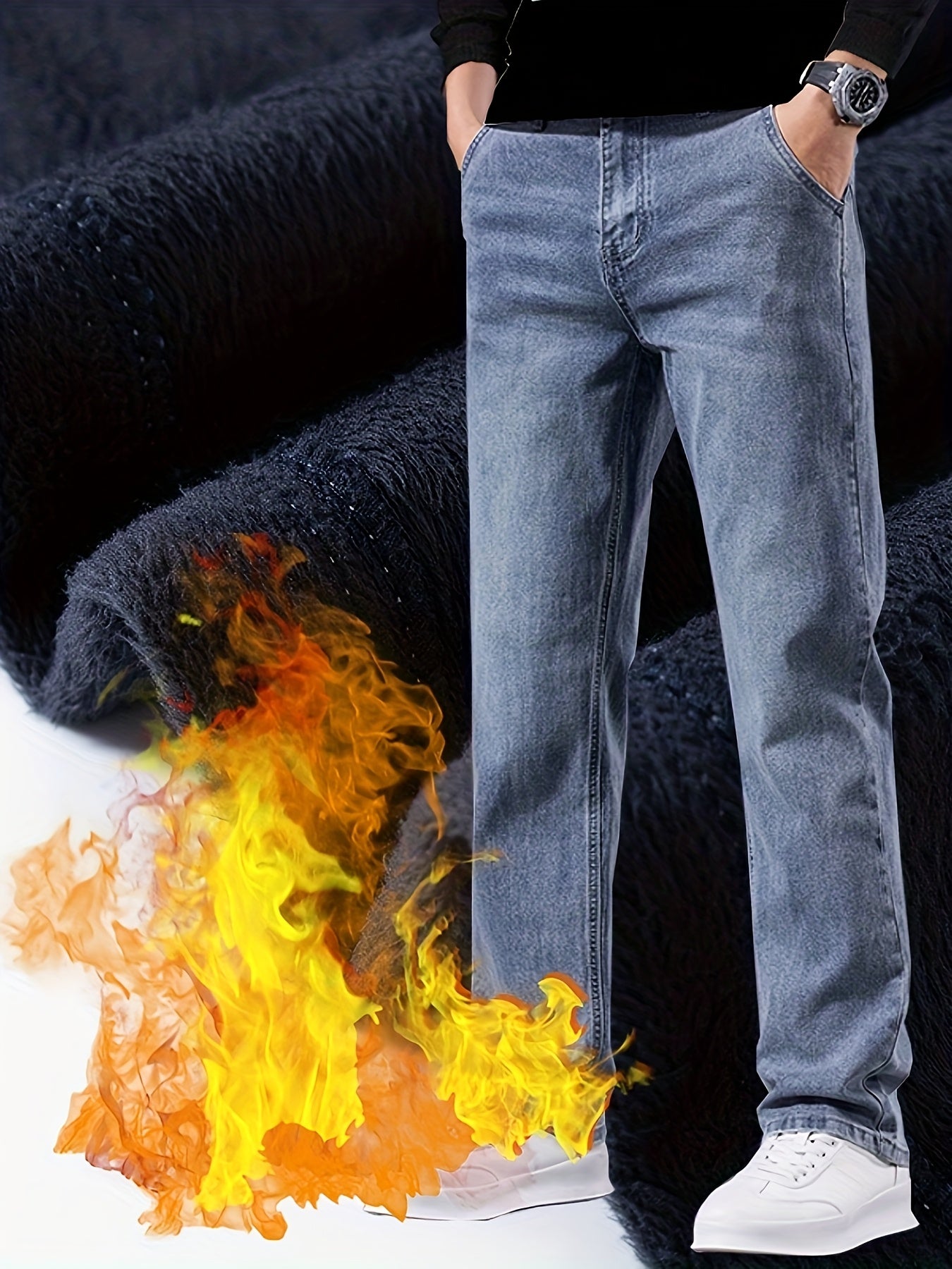 Pantalons Hiver Homme – Polaire, Épais, Stretch, Bleu, Minimalistes