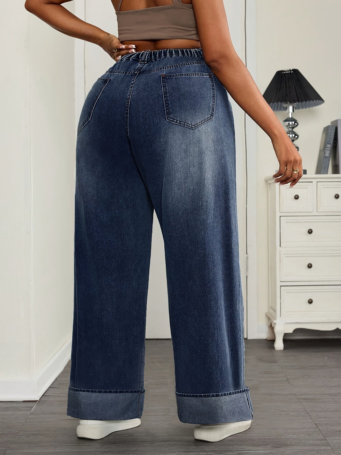 Jeans Femme Grande Taille Jambe Droite Bleu Foncé Non Extensible Fermeture Zippée Toute Saison Polyvalent
