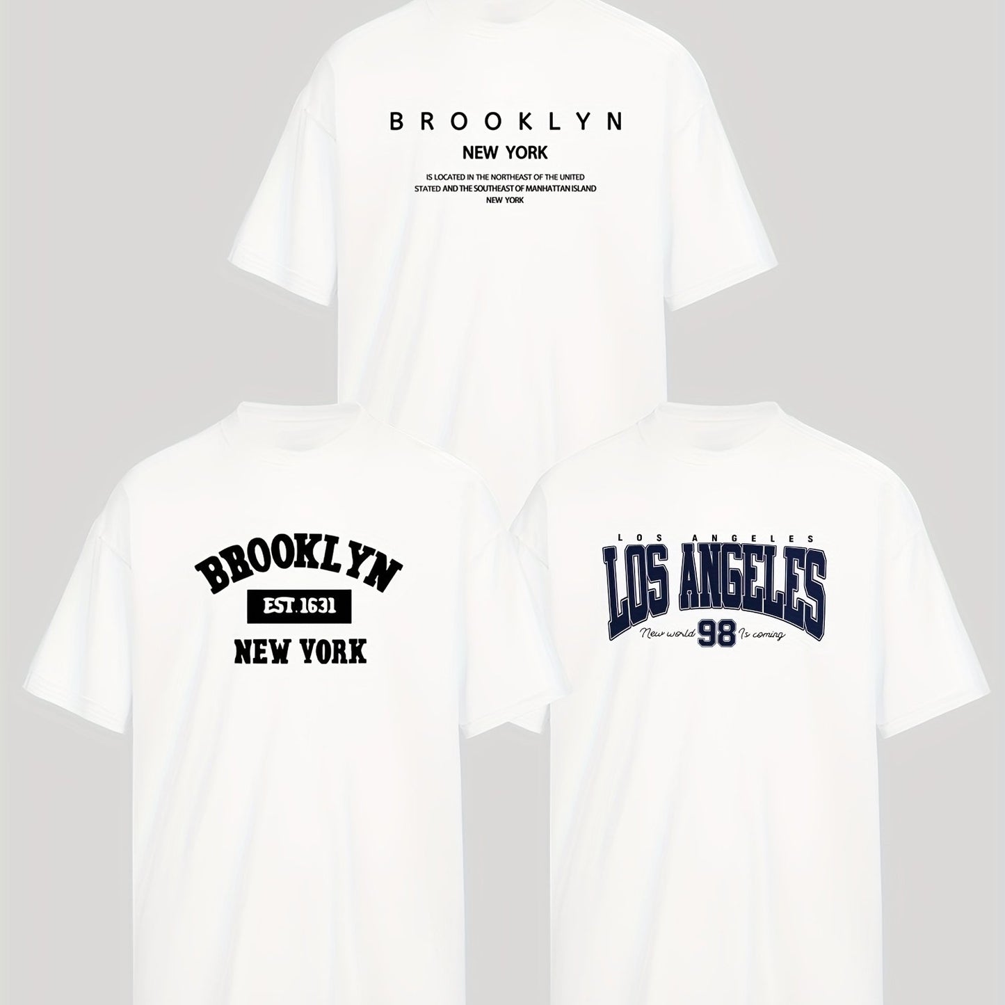 Three-Piece Set: Men's Casual Fashion BROOKLYN, LOS ANGELES Print Drop Shoulder Short Sleeve T-Shirt, Comfortable and Versatile