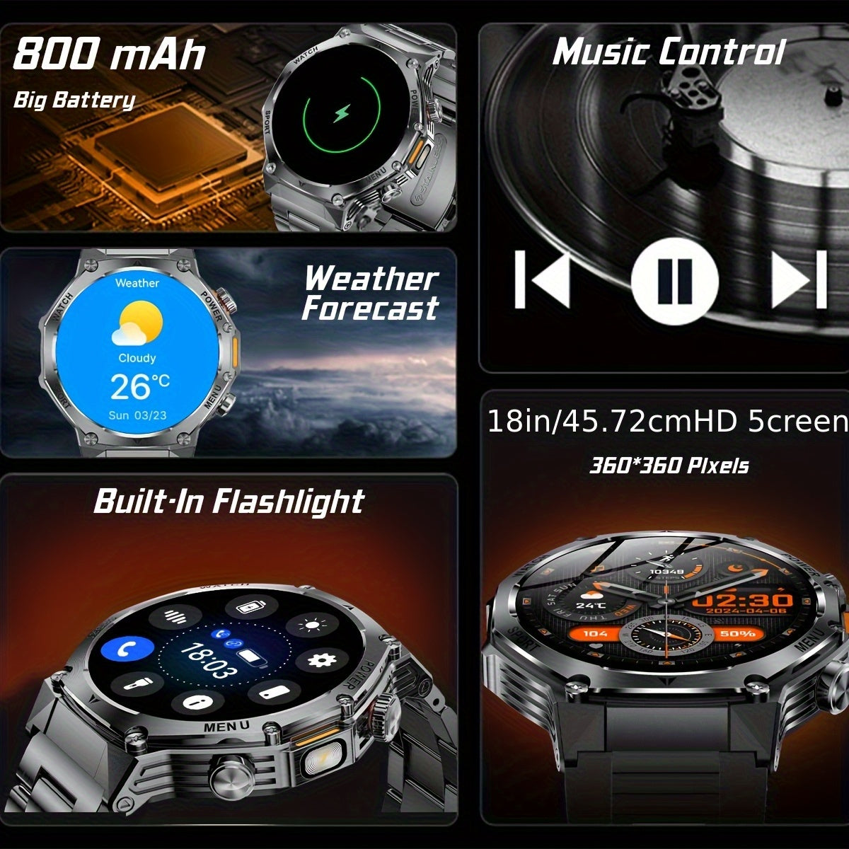 Montre Connectée Homme – Batterie 800 mAh, Écran HD 1,75", 120+ Modes Sport, Lampe Torche, Étanchéité IPX8, Appels Sans Fil, Tracker Fitness – Compatible Android & iPhone