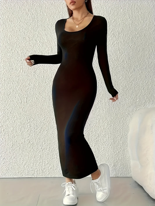 Women's Elegant Stretch A-Line Dress - Long Sleeve -Length Formal & Semi-Formal Wear, Wrinkle-Resistant Polyester/Elastane Blend, Machine Washable Wedding Guest Gown, Office to Party Dress (Spring/Autumn)