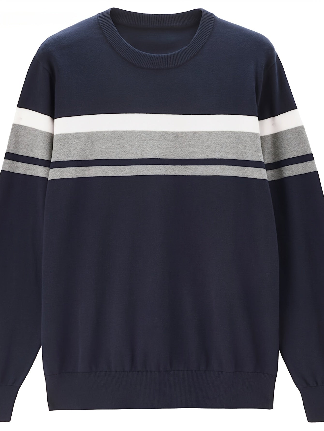 Men's Slim Fit Striped Knit Sweater - Navy Blue & Gray Horizontal Stripes, Medium Stretch Round Neck Pullover for Autumn Winter Casual Wear, Machine Washable