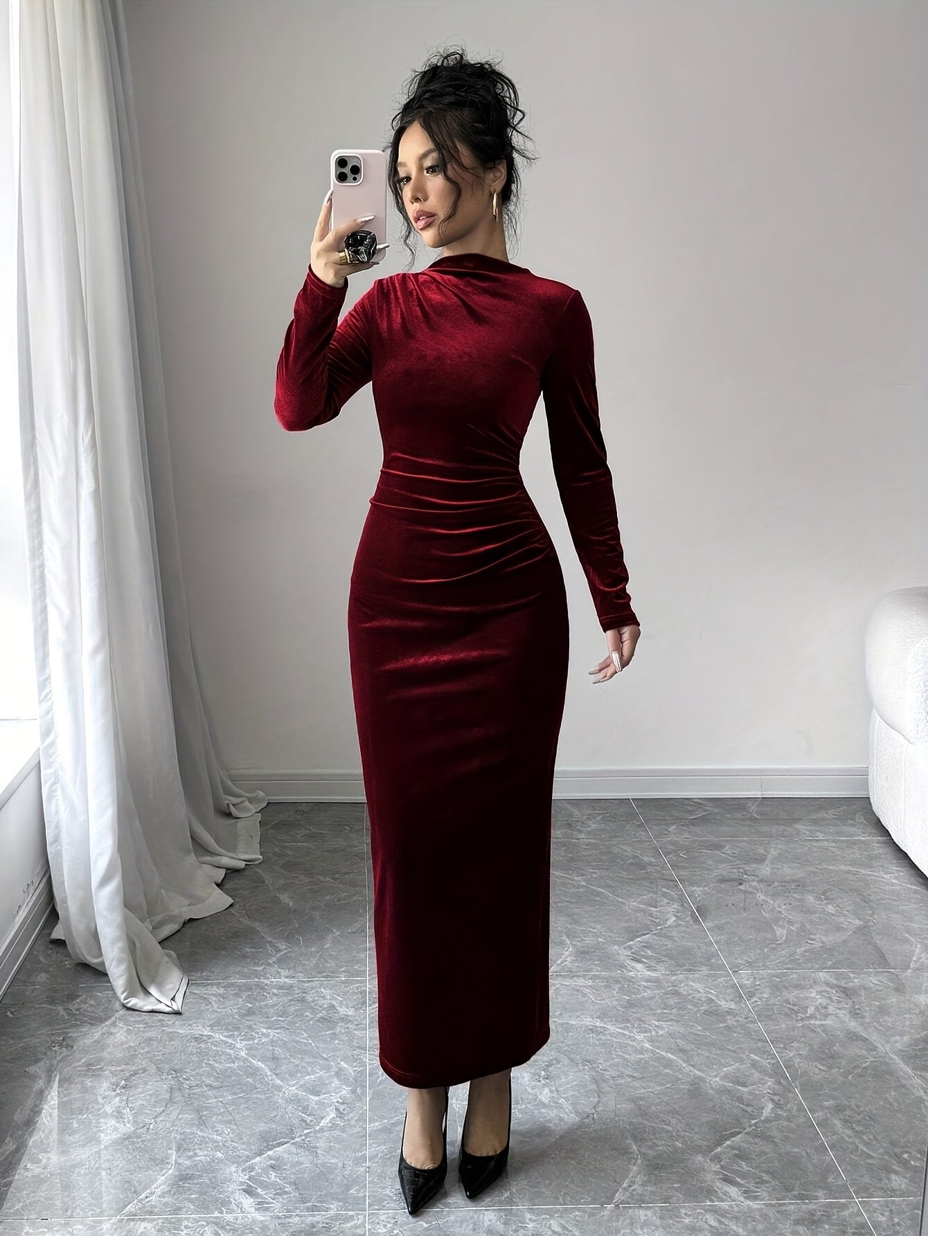 Women's Elegant Asymmetric Long Maxi Dress with Stand Collar & back slit - Solid Color Fitted Gown, Machine Washable Wedding Guest Gown, Prom Dress, for all-Season Wear - Formal Evening Dress