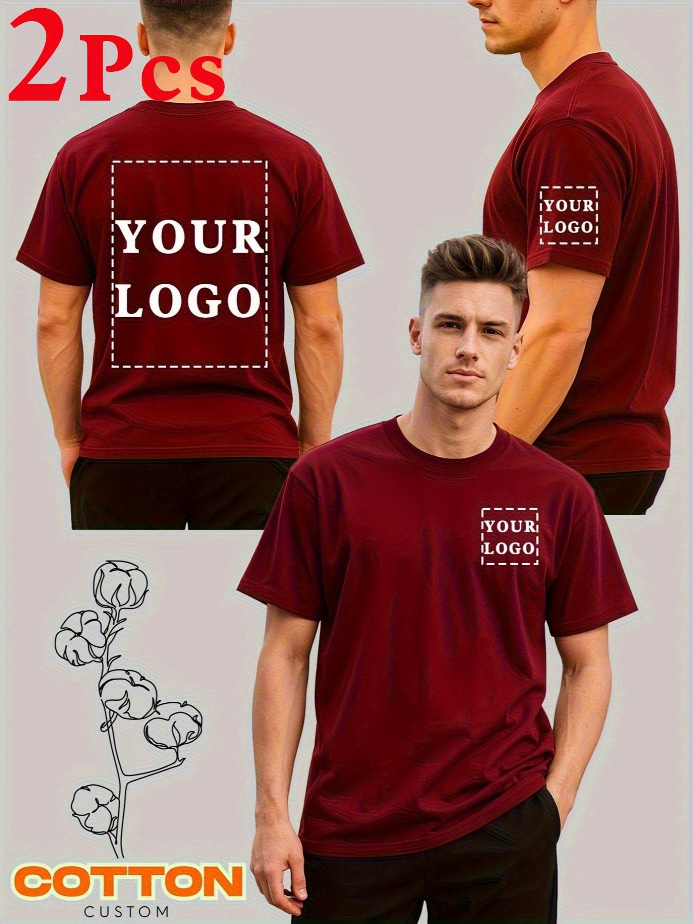 2pcs Men's 100% Cotton Custom T-Shirts 2-Sided Printing - Personalized Text/Logo/Photo Printing on Chest, Back & Sleeve - DIY Customizable Short Sleeve Round Neck Tees for Promotional Events, Team Uniforms, Casual Attire - Ma