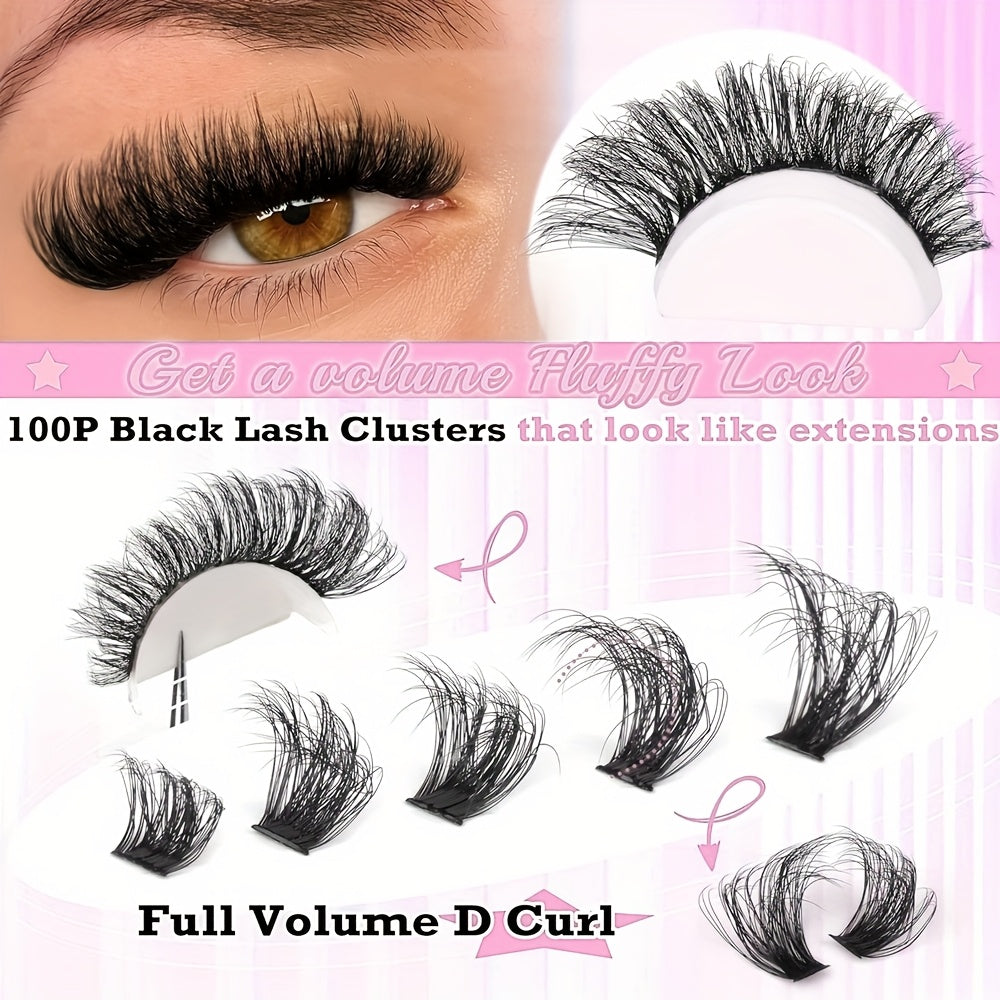 Kit d’extensions de cils avec grappes de cils naturels Wispy, courbure C, cils individuels et grappes pour le bas des yeux, colle waterproof avec scellant et pince, idéal pour application à domicile, effet fluffy naturel