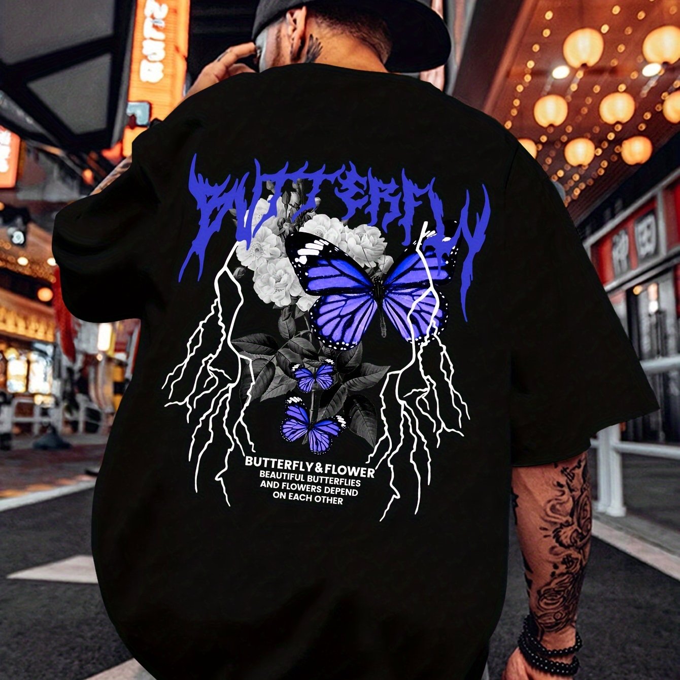 Gothic Butterfly Print, Men's Graphic Design Crew Neck Active T-shirt, Casual Comfy Tees Tshirts For Summer, Men's Clothing Tops For Daily Gym Workout Running