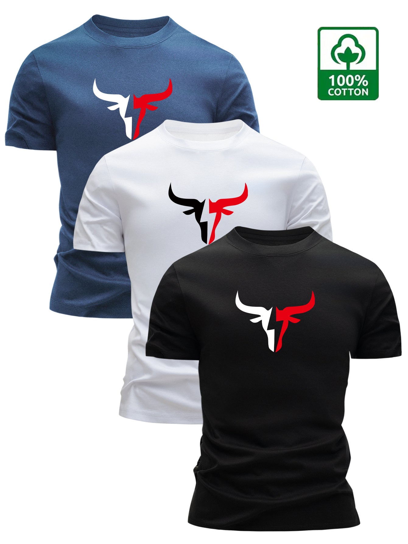 3pcs Men's 100% Cotton Bull Head Print T-Shirts - Slim Fit Short Sleeve Round Neck Casual Summer Tees with Bull Horns & Spanish Lettering (Toros/Strong Bull Design) - Breathable 100% Cotton Shirts for Casual Attire & Spanish-