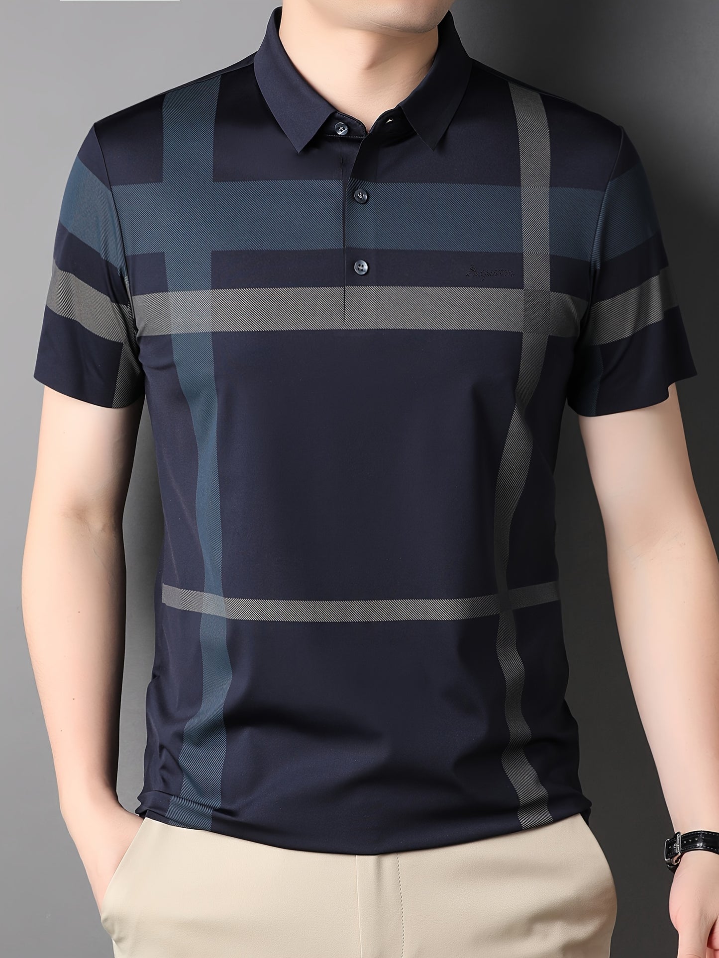 Summer New Men's Short Sleeve T-Shirt with Plaid Collar