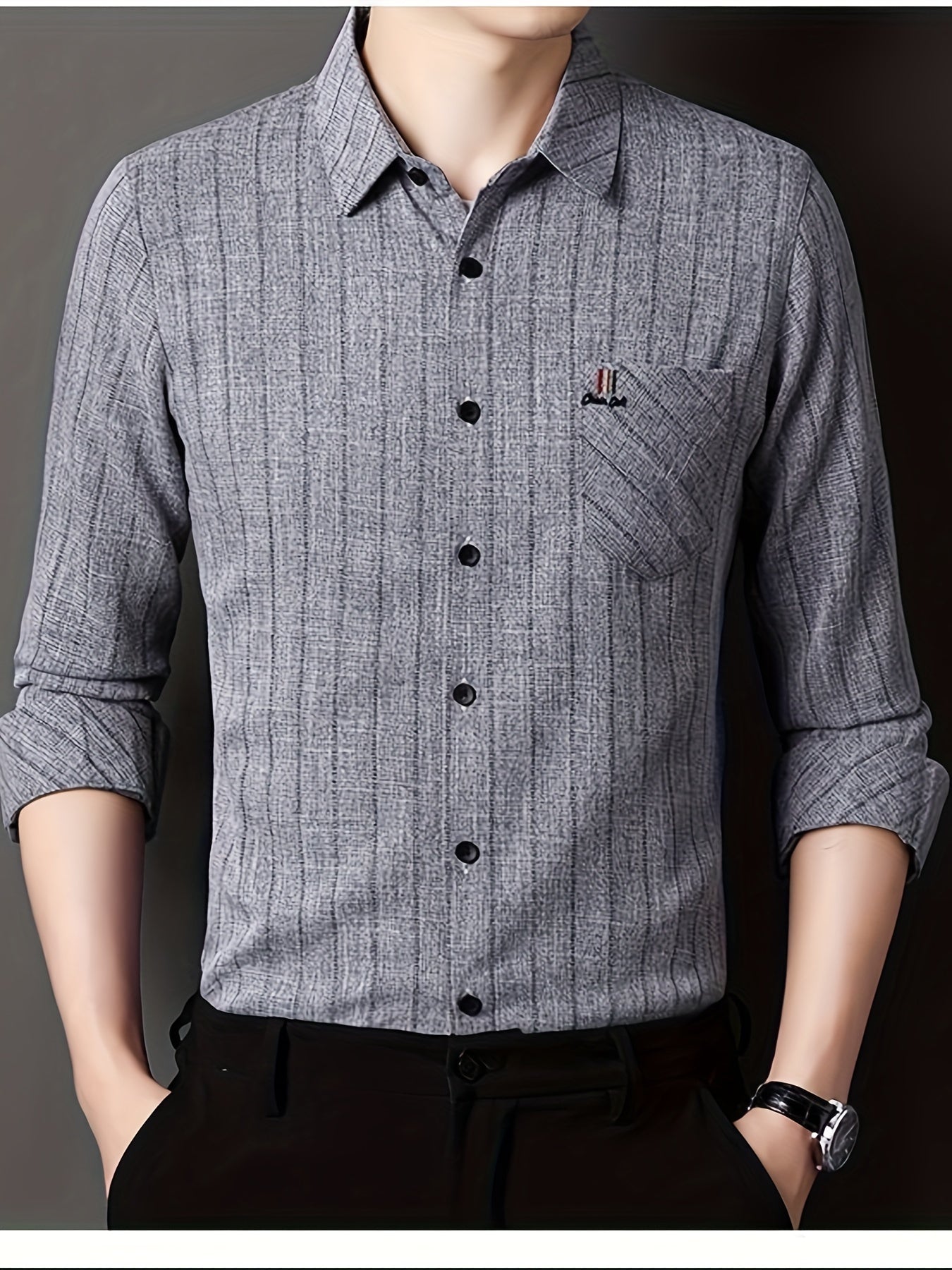 Men'S Striped Shirt with a Chest Pocket, Casual Long-Sleeve Shirt with a Collar.