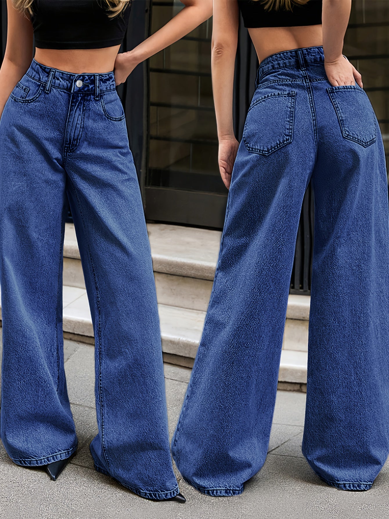 Jeans Femme Taille Haute Jambe Large Élégant Non Extensible Fermeture Zippée Toute Saison Décontracté et Formel Polyvalent Design Minimaliste