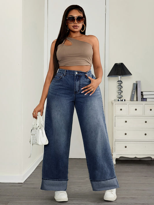 Jeans Femme Grande Taille Jambe Droite Bleu Foncé Non Extensible Fermeture Zippée Toute Saison Polyvalent