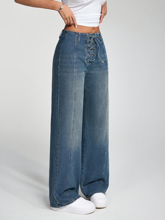 Jeans Femme Élégant Taille Haute Jambe Droite Bleu Clair Ceinture Croisée Sans Extensible Toute Saison Polyvalent Décontracté et Formel