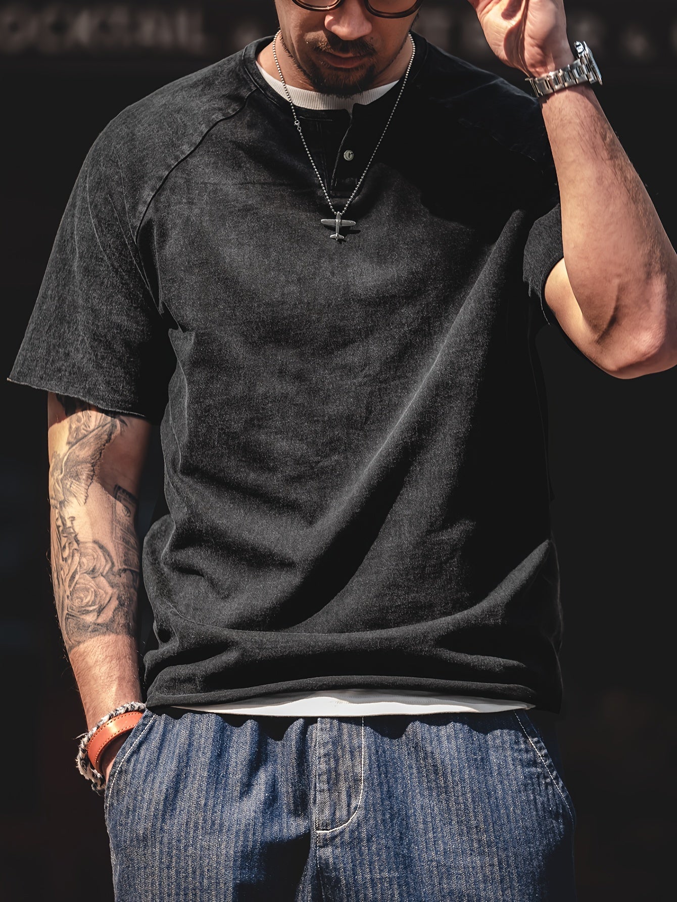 Maden Men's Casual Henry T-Shirt Vintage Inspired Enzyme Wash Tee Slim Fit Stretch Short Sleeve Tshirt, Weekend Attire, Streetwear Style, Distressed Look, Retro Tshirt, Soft, Stretch Fabric, Fitted Shirt, Casual Wardrobe, Urb