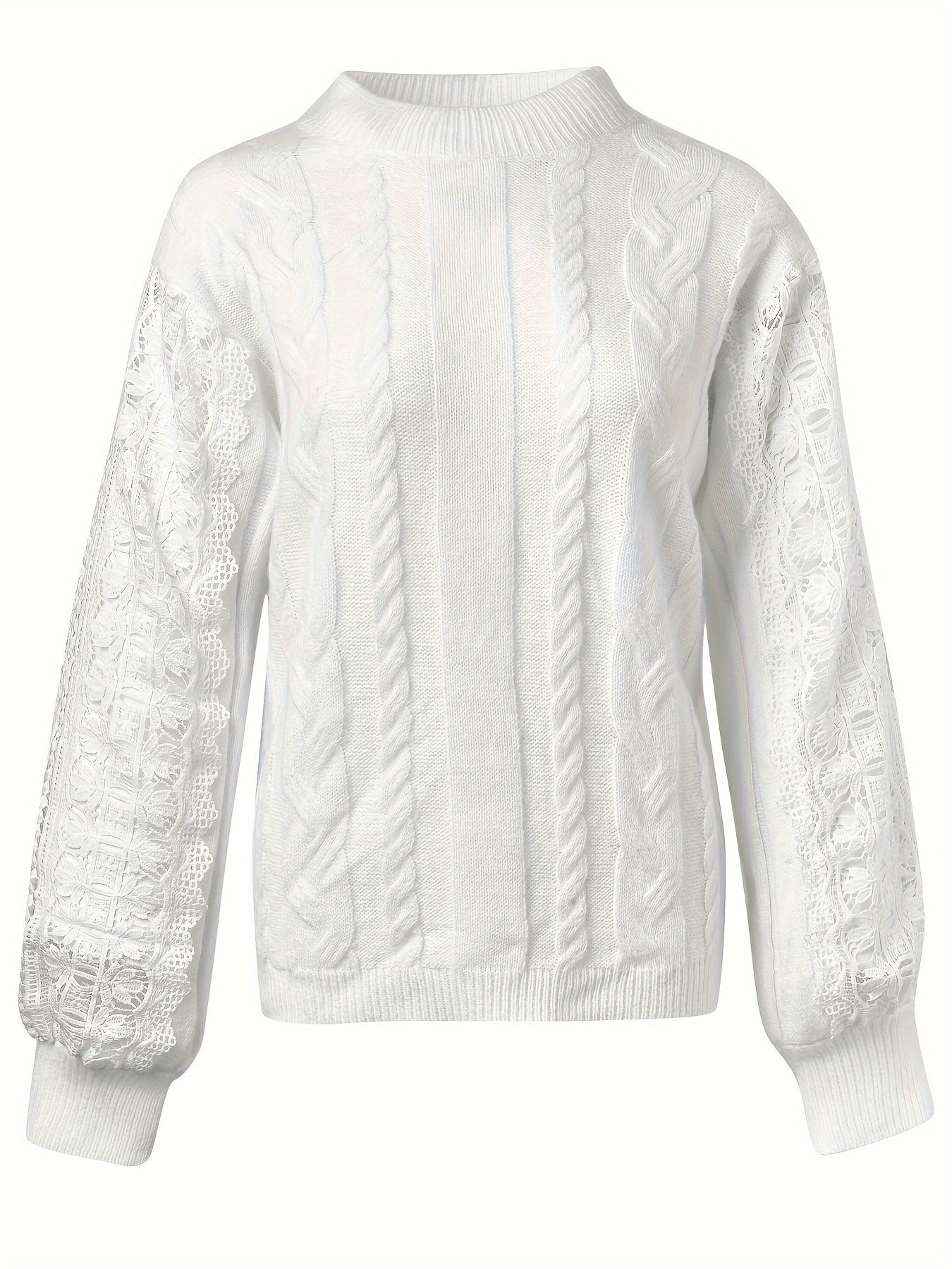 Pull élégant pour femmes à col montant, manches longues, motif géométrique, semi-transparent avec bordure en dentelle, automne-hiver, confort extensible, style casual et formel