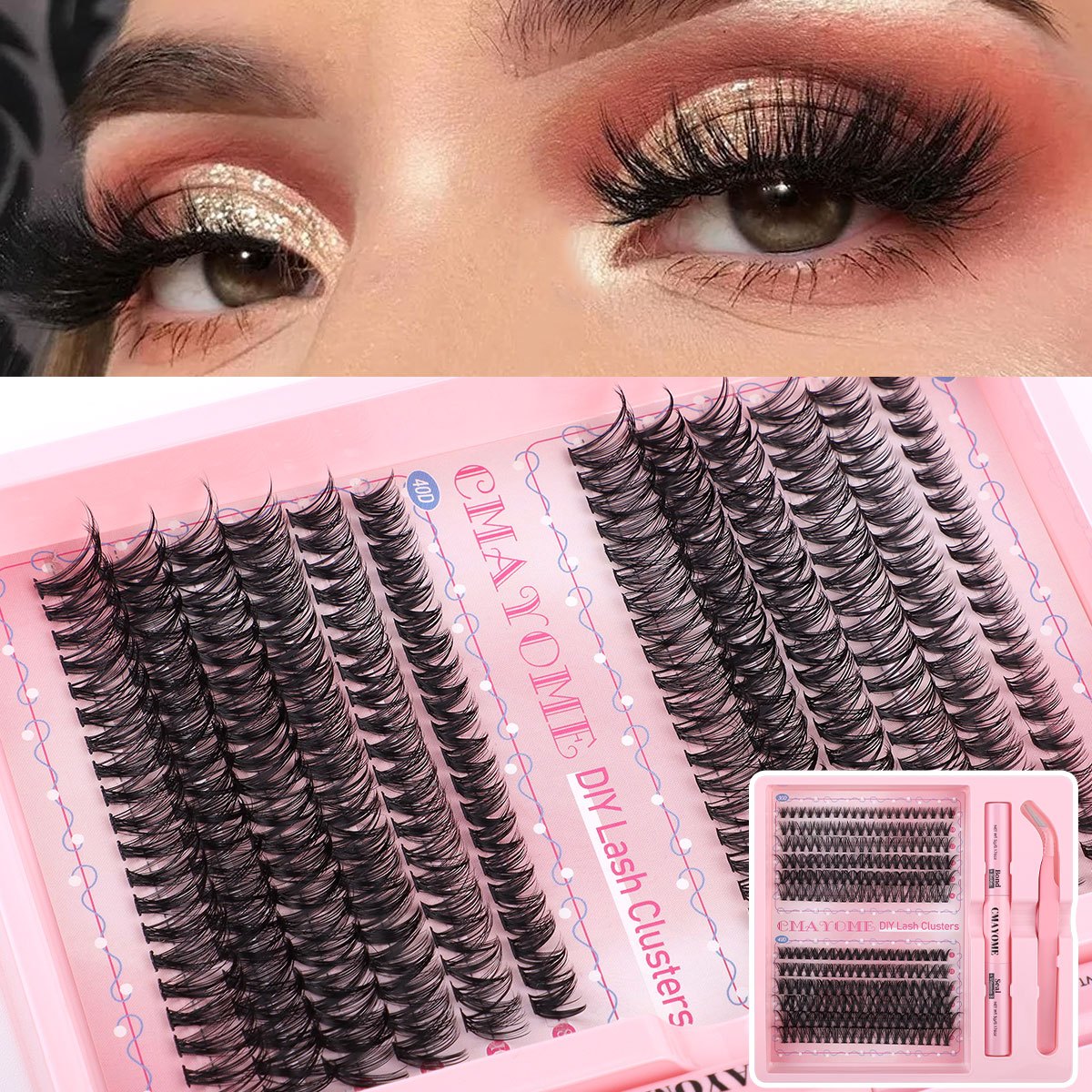 Kit d’extensions de cils DIY – cils naturels style fairy 30D/40D/50D/60D, longueurs mixtes 10-16 mm, courbure D, effet agrandissant les yeux, cils cartoon naturels, colle scellée et pince incluse