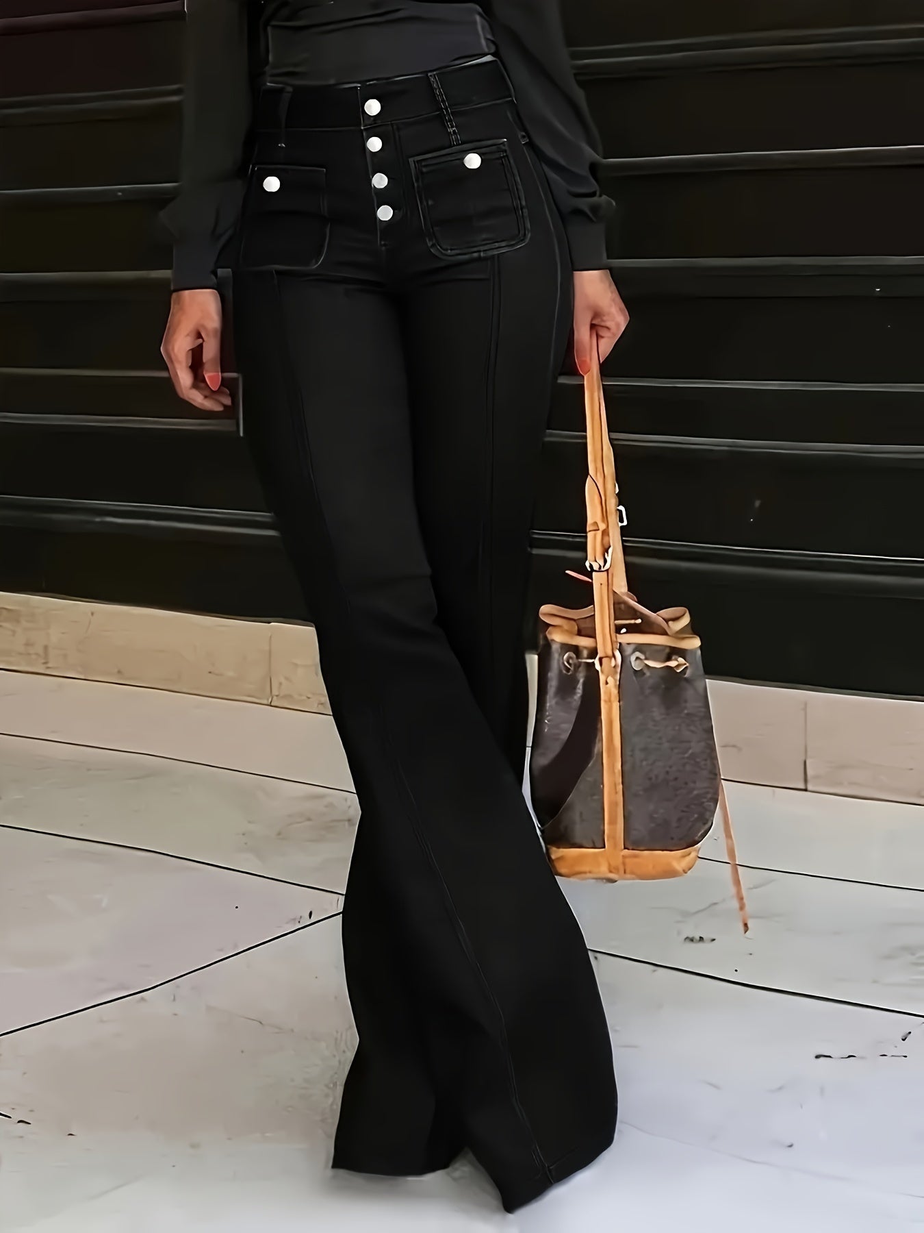 Jeans Femme Rétro Style Bouton Simple Taille Haute Couleur Unie Noir Jambe Évasée Denim