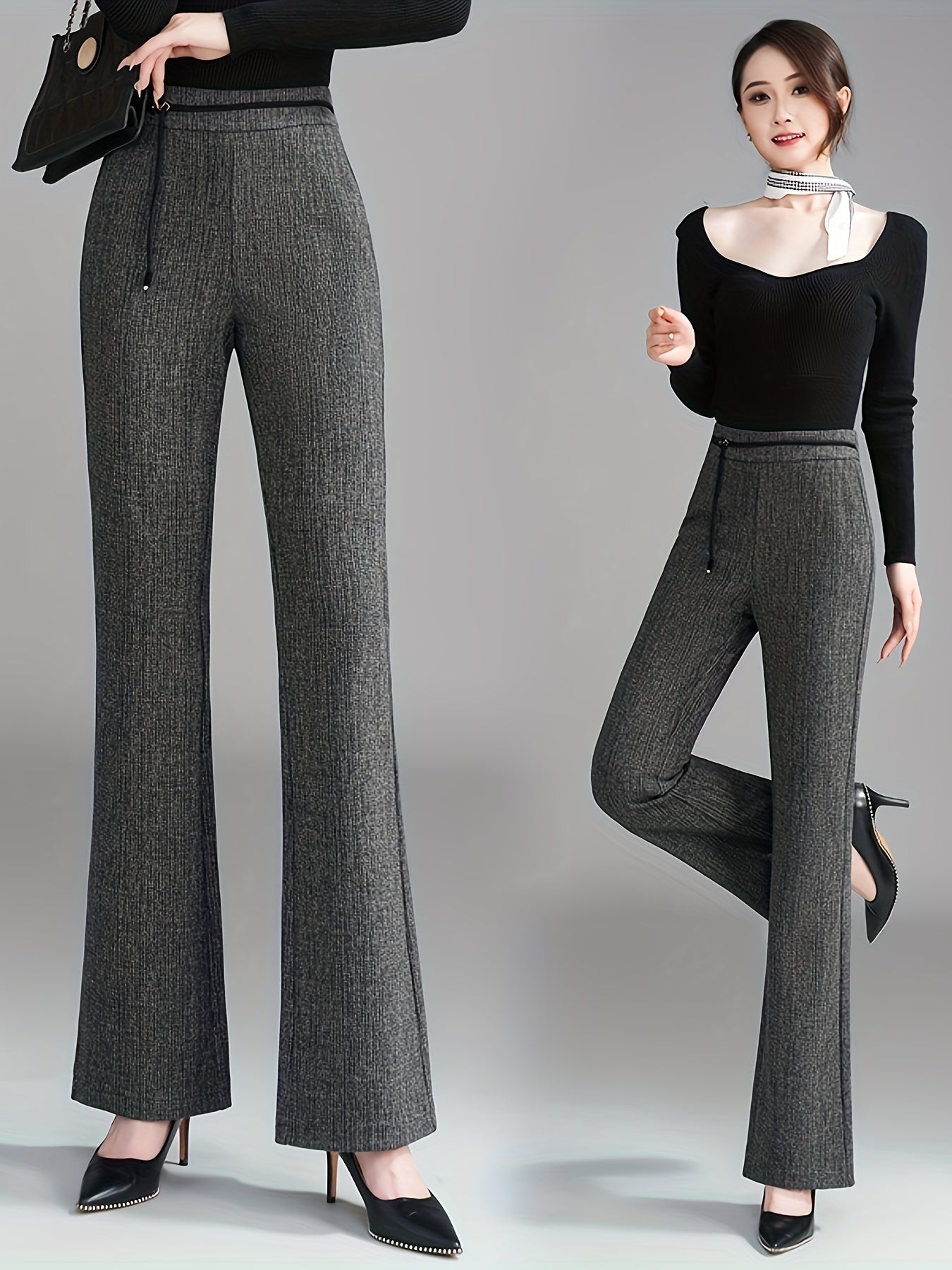 Pantalon Femme Taille Haute Évasé – Gris Côtelé, Boutons Zippés, Confortable et Polyvalent, Printemps/Automne