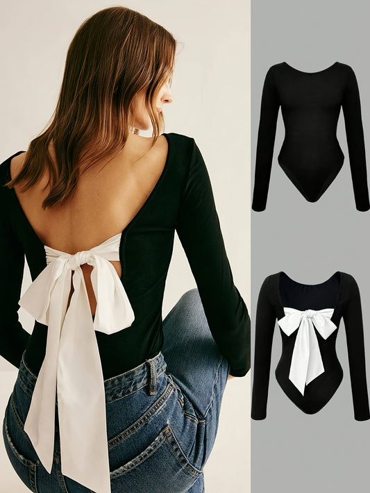 Body slim femme à manches longues, col rond, couleur unie, détail nœud au dos, style décontracté pour l’hiver, tissu extensible, lavable en machine, texture lisse