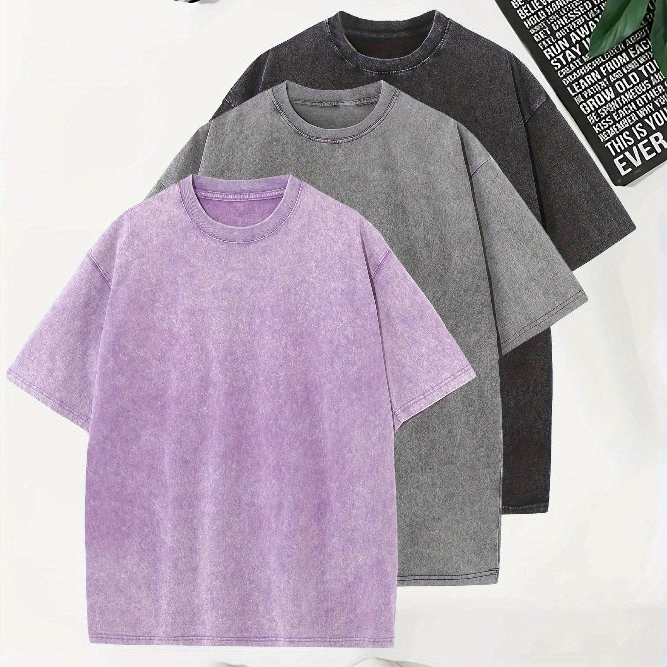 Temujin Starry 3pcs Washed Cotton Distressed 100% Pure 240g Crew Neck T Shirt, Simple and Fashionable