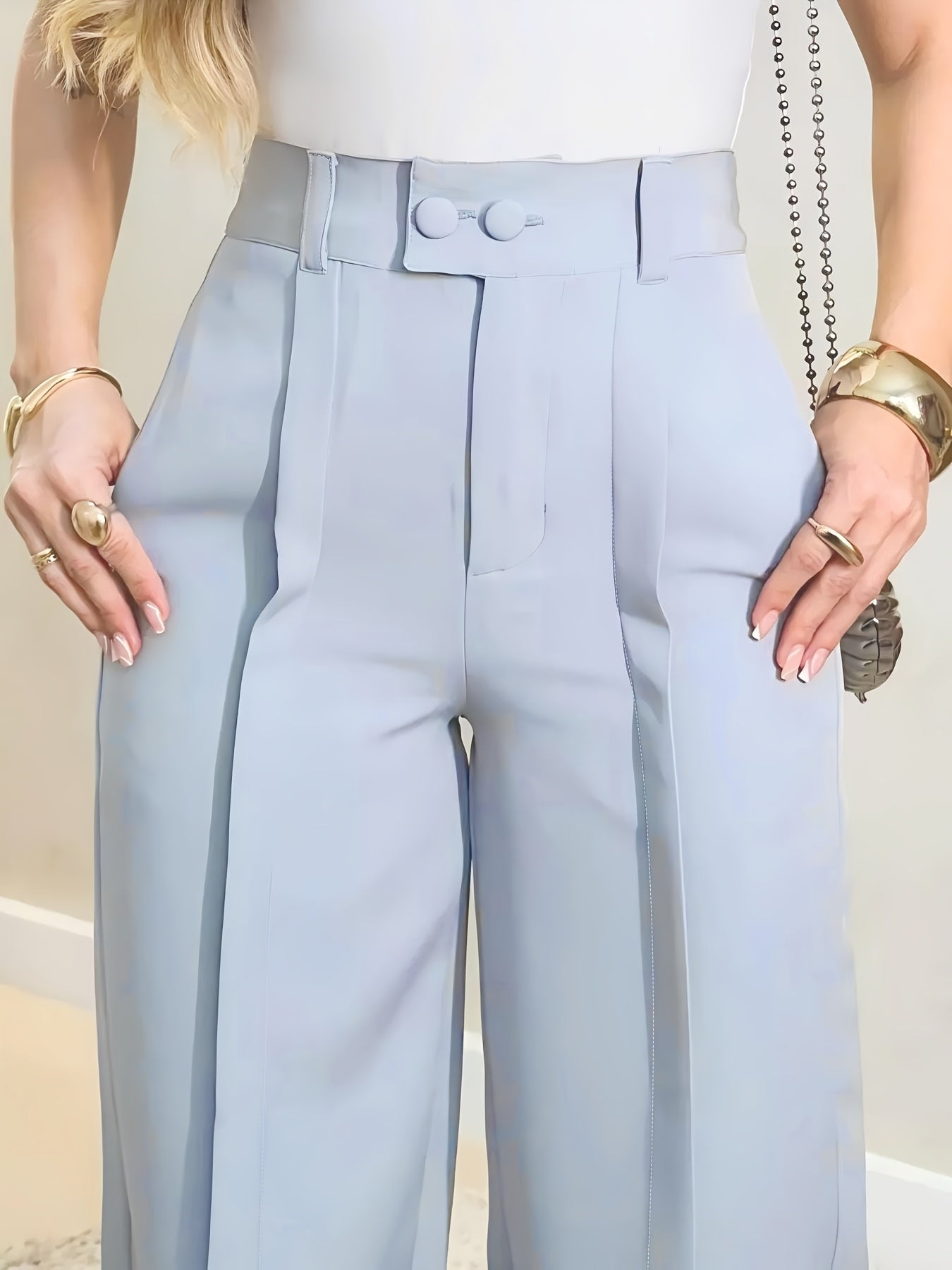 Pantalon Femme Chic Jambe Large – Gris Clair, Polyester, Fermeture Bouton, Confort Tous Saisons, Décontracté et Polyvalent