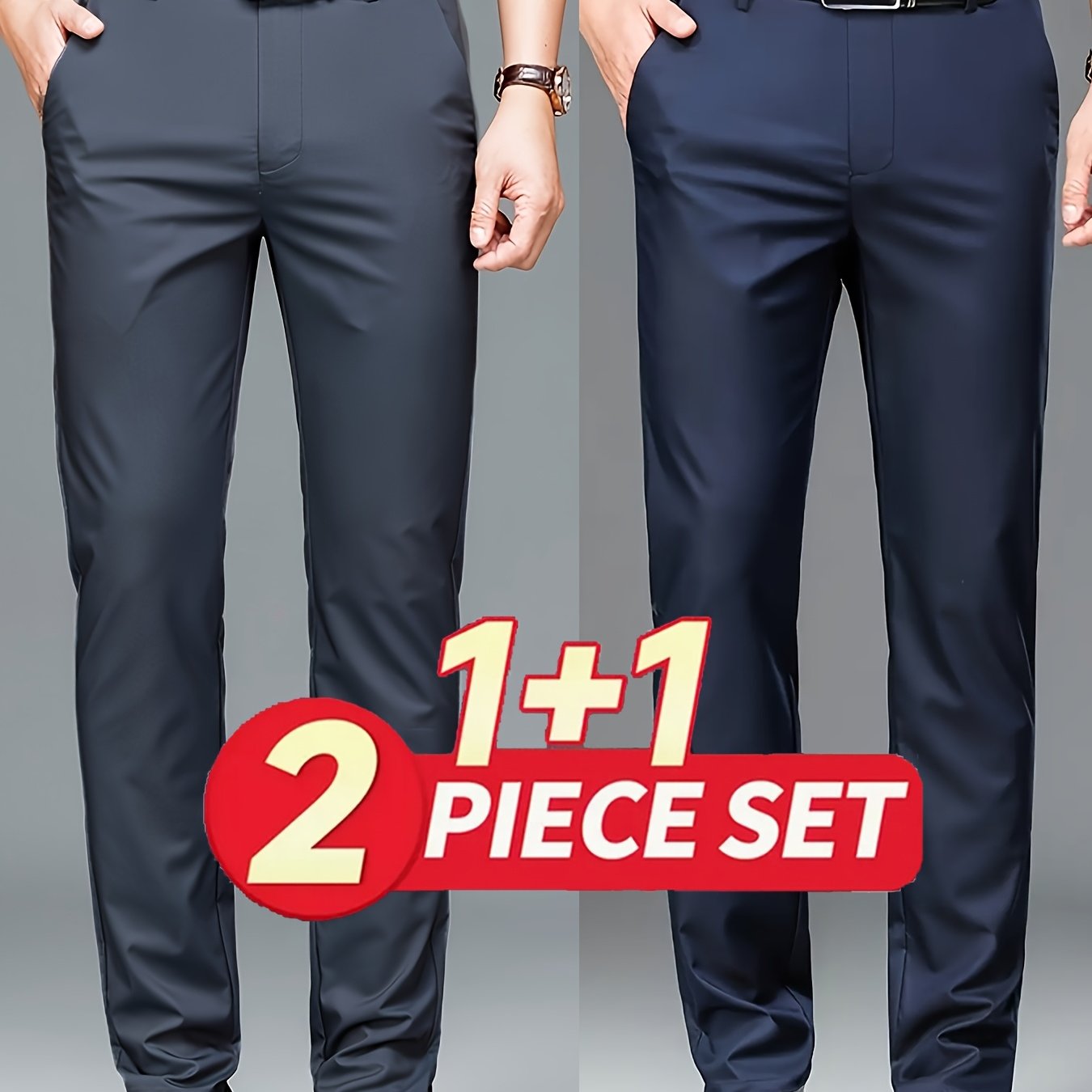 2pcs Pantalons Homme – Business & Casual, Anti-Rides, Taille Élastique, Jambe Droite, Tout Saison