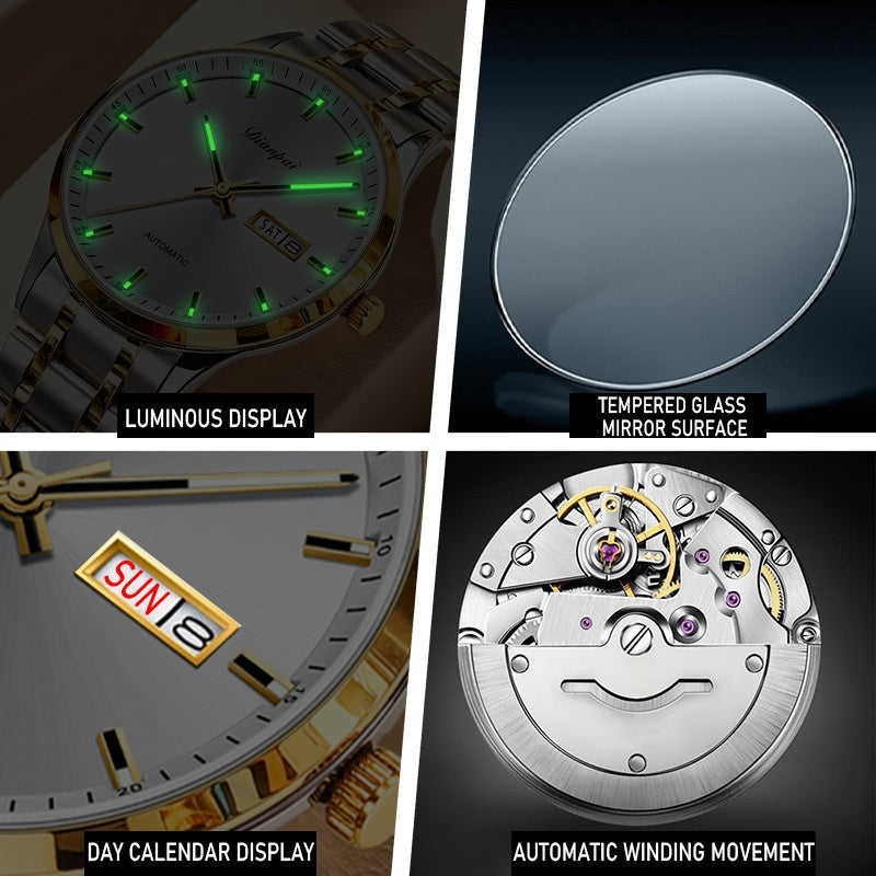 Montre classique luxueuse pour homme avec éclairage nocturne et calendrier, bracelet en acier inoxydable, cadeau parfait pour homme, montre mécanique automatique homme Dianpai, sans batterie