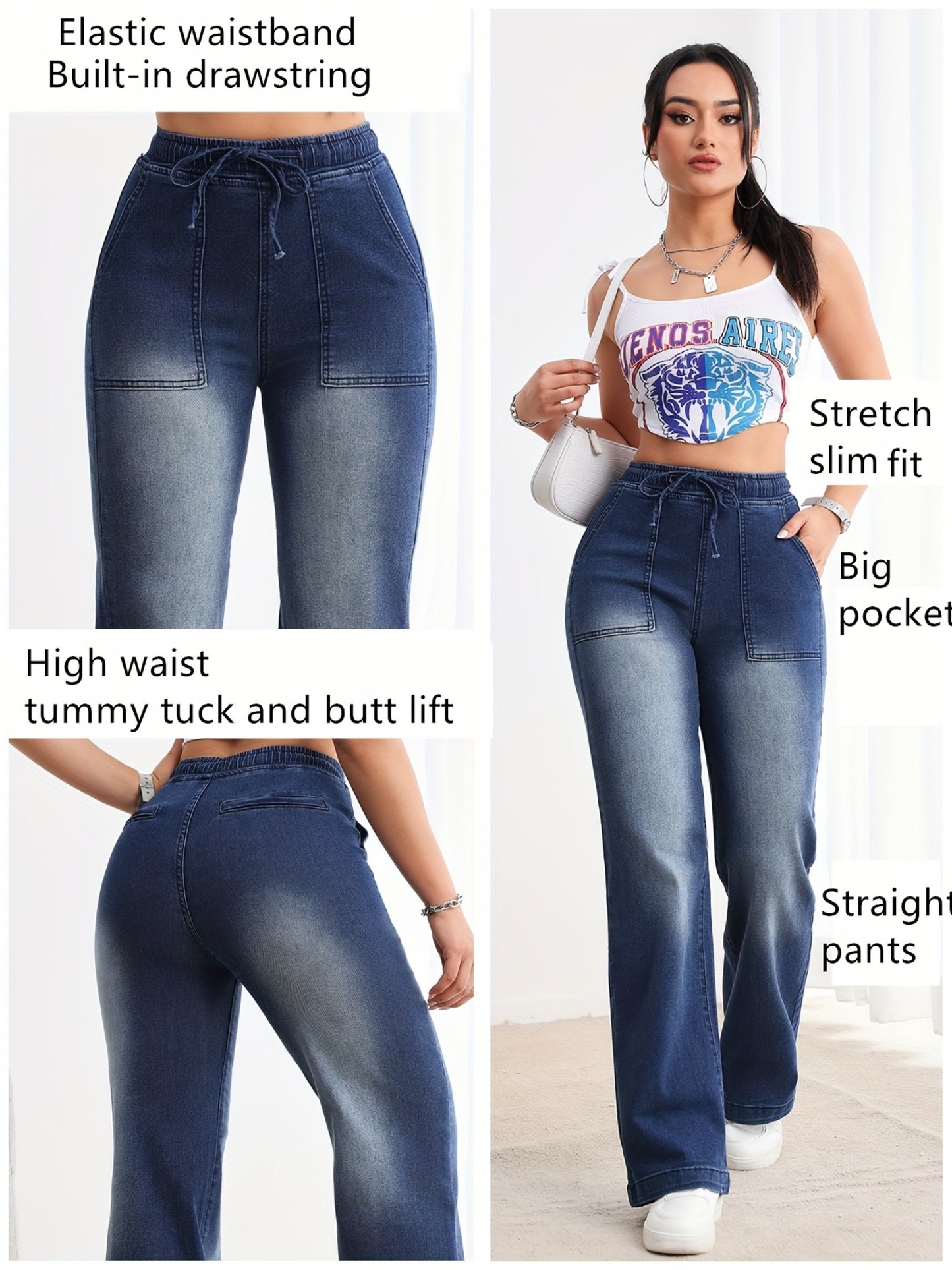 Jeans Femme Denim Doux Stylé Extensible Jambe Droite Poches Multiples Confort Quotidien Slim-Fit