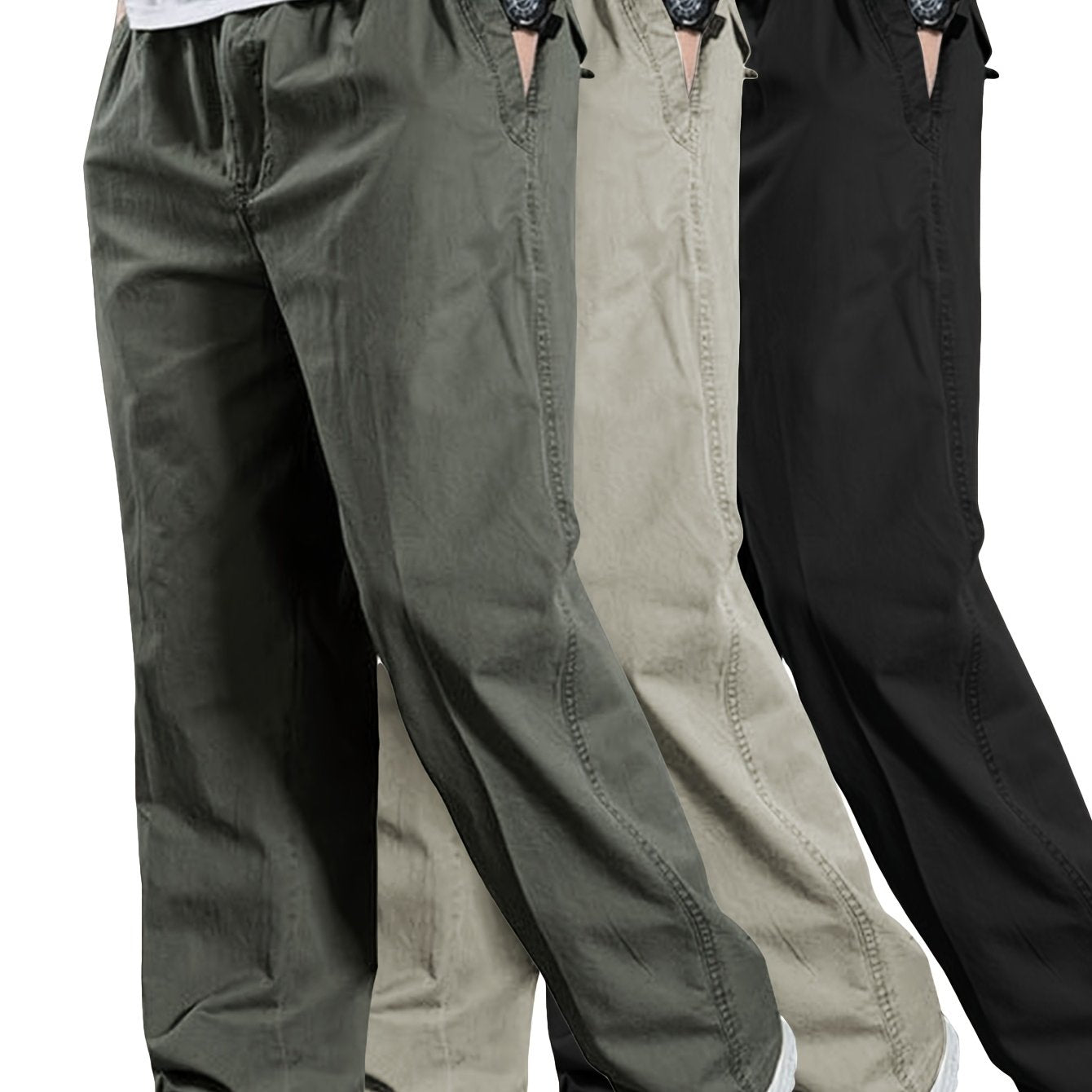 Lot de 3 Pantalons Cargo Homme – Taille Élastique à Cordon, Coupe Ample, Couleurs Unie, Poches, Printemps/Automne