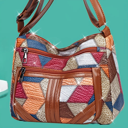 Sac femme – Sac bandoulière casual, design patchwork, style simple et tendance, fermeture éclair aléatoire